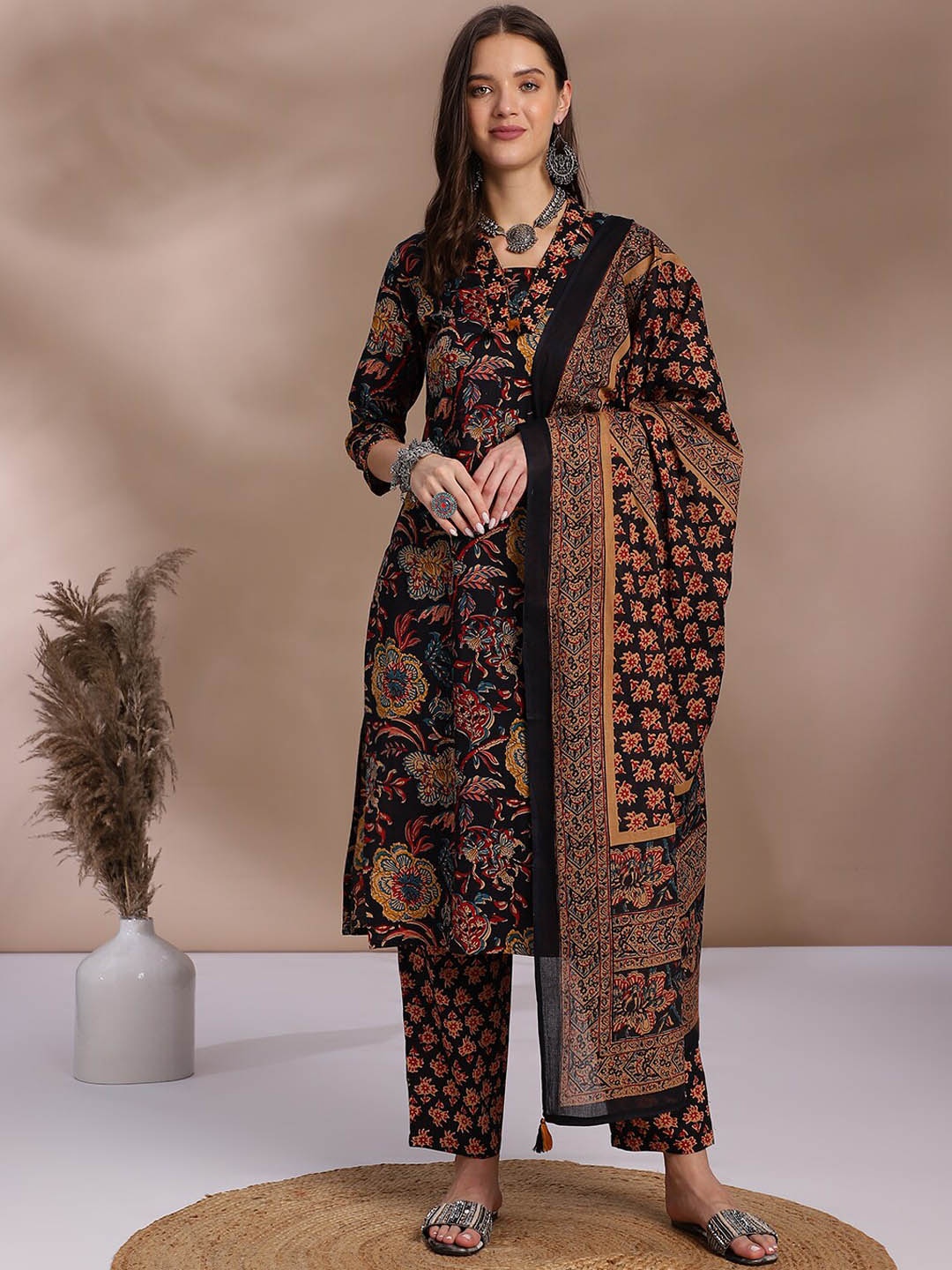 

KALINI Floral Printed Sequinned Pure Cotton Straight Kurta & Trouser With Dupatta, Black