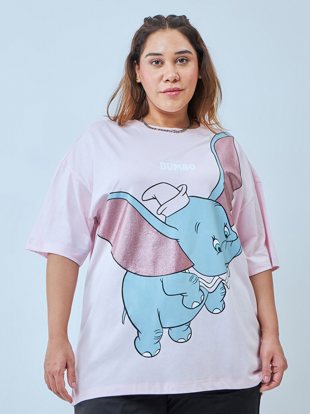 

Bewakoof Plus Dumbo Printed Drop-Shoulder Sleeves Cotton Oversized T-shirt, Pink