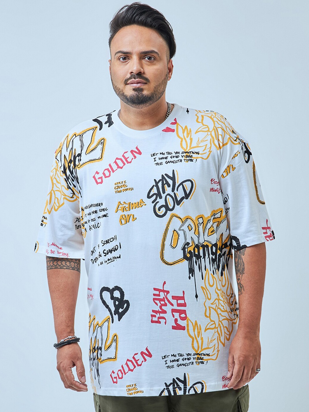 

Bewakoof Plus Size White Typography Printed Drop-Shoulder Oversized Pure Cotton T-shirt
