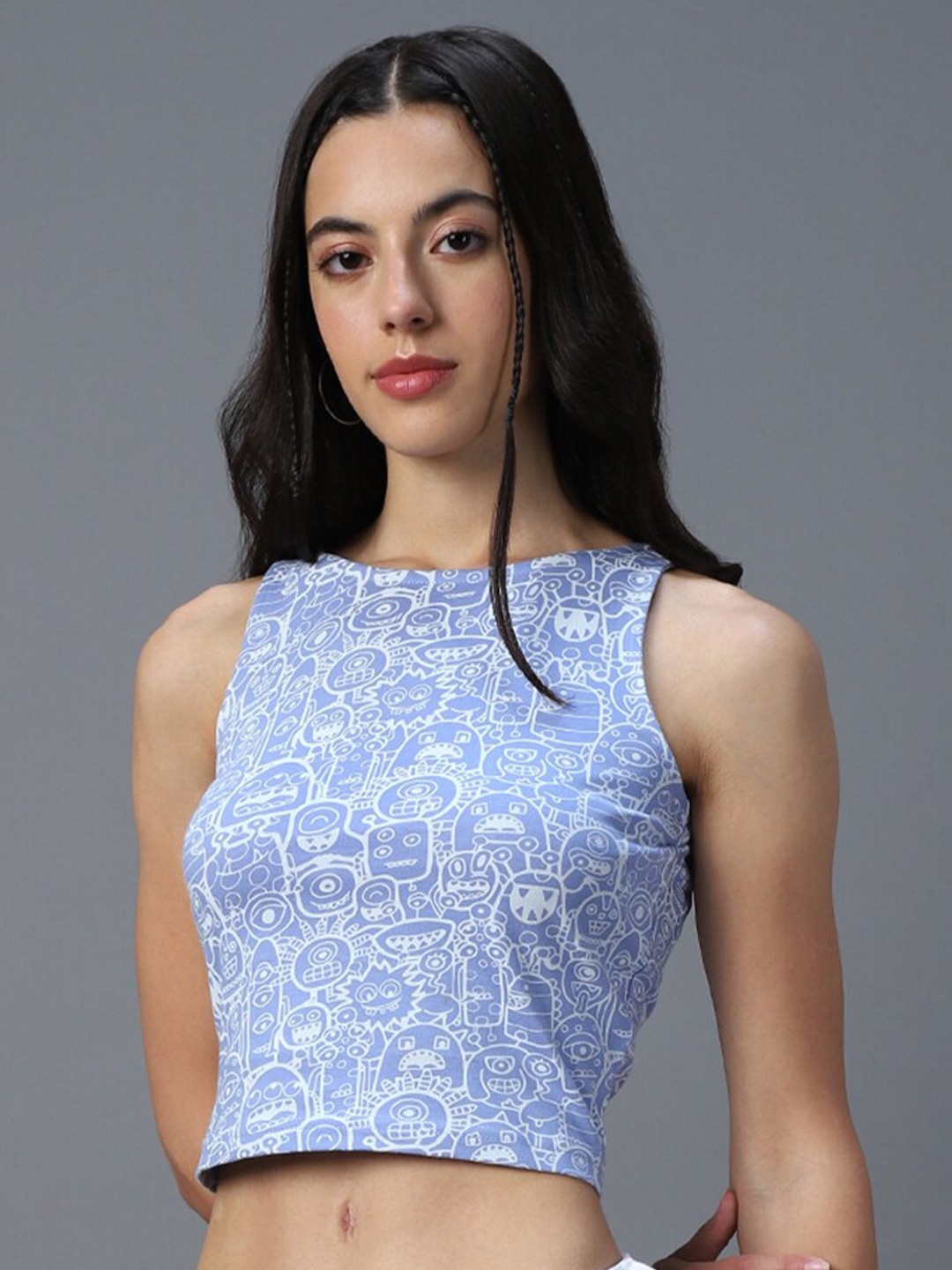 

Bewakoof Conversational Printed Cropped Cotton Fitted Top, Blue