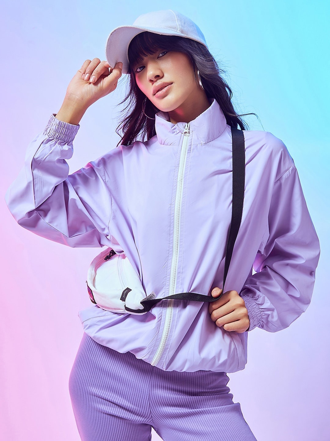 

Bewakoof Plus Mock Collar Bombet Jacket, Purple