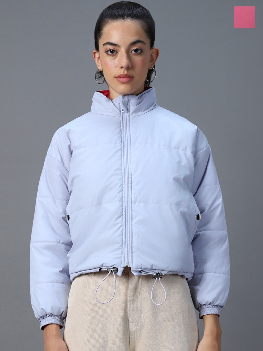 

Bewakoof Lavender Mock Collar Reversible Oversized Crop Padded Jacket
