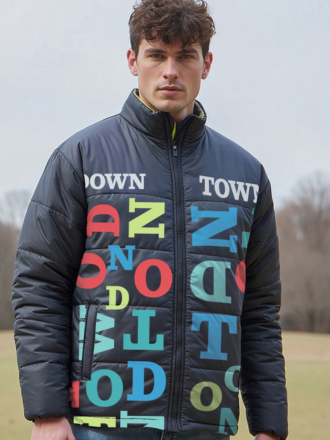 

Bewakoof Navy Blue Typography Printed Mock Collar Oversized Puffer Jacket
