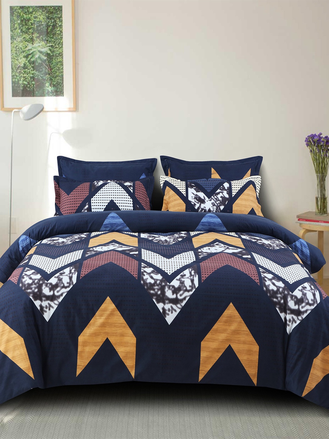 

FINE TEX WORLD 220 TC 160GSM Abstract Queen Bedsheet with 2 Pillow Covers, Navy blue