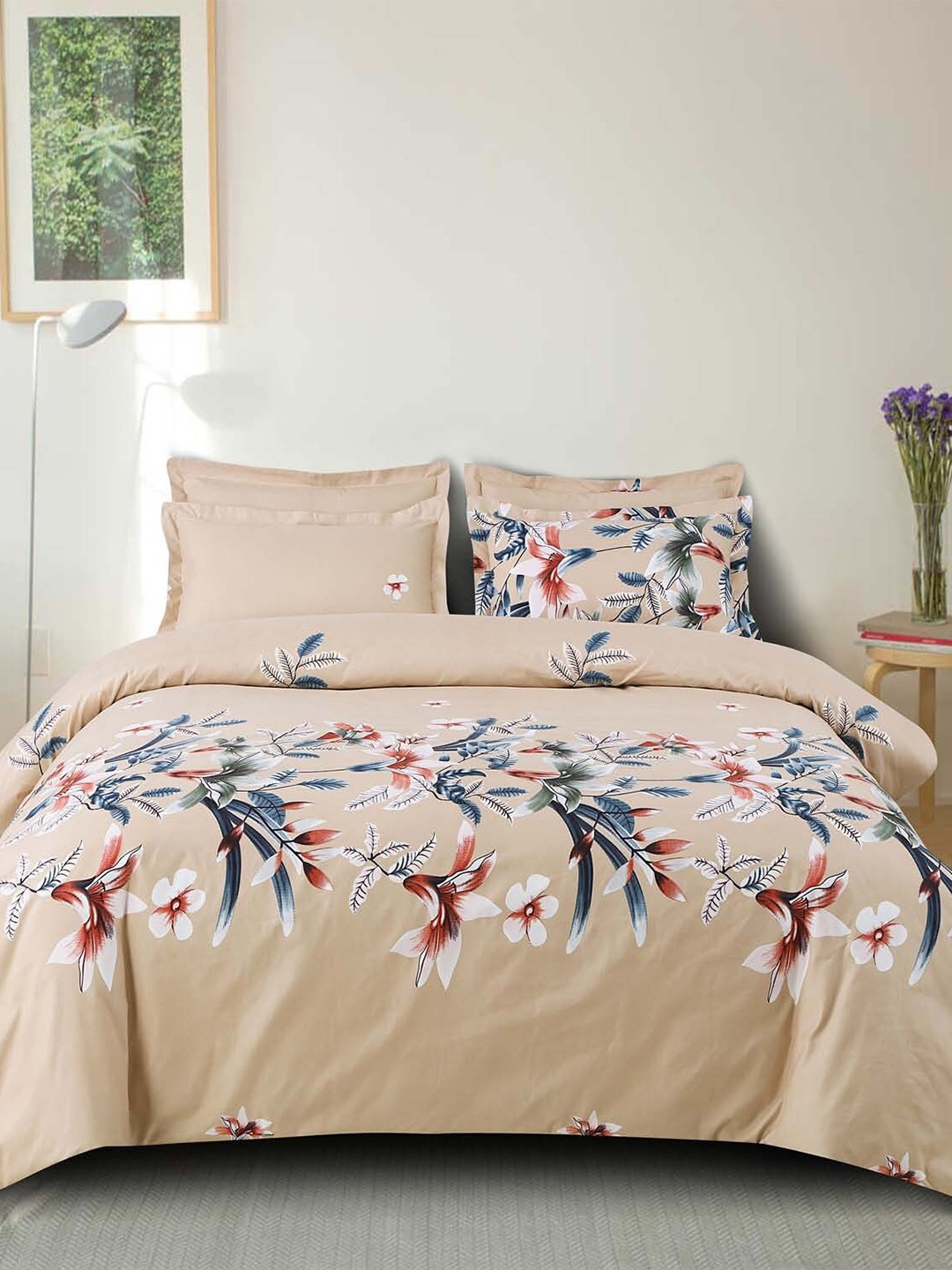 

FINE TEX WORLD 220 TC Floral 160GSM Queen Bedsheet with 2 Pillow Covers, Brown