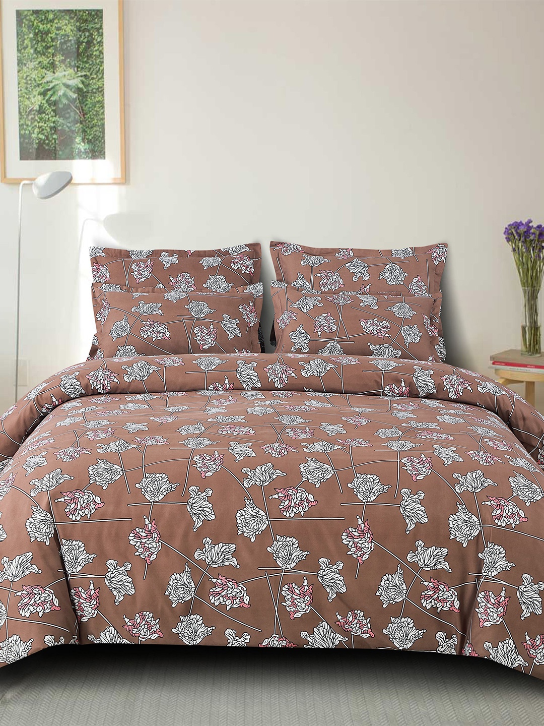 

FINE TEX WORLD 220 TC Floral 160GSM Queen Bedsheet with 2 Pillow Covers, Brown
