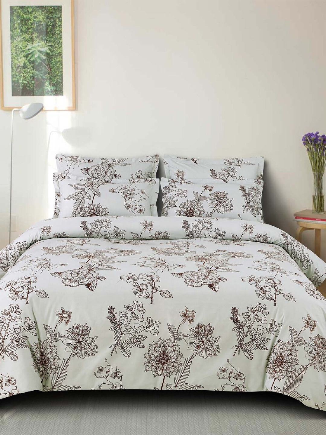 

FINE TEX WORLD 220 TC Floral 160GSM Queen Bedsheet with 2 Pillow Covers, Grey