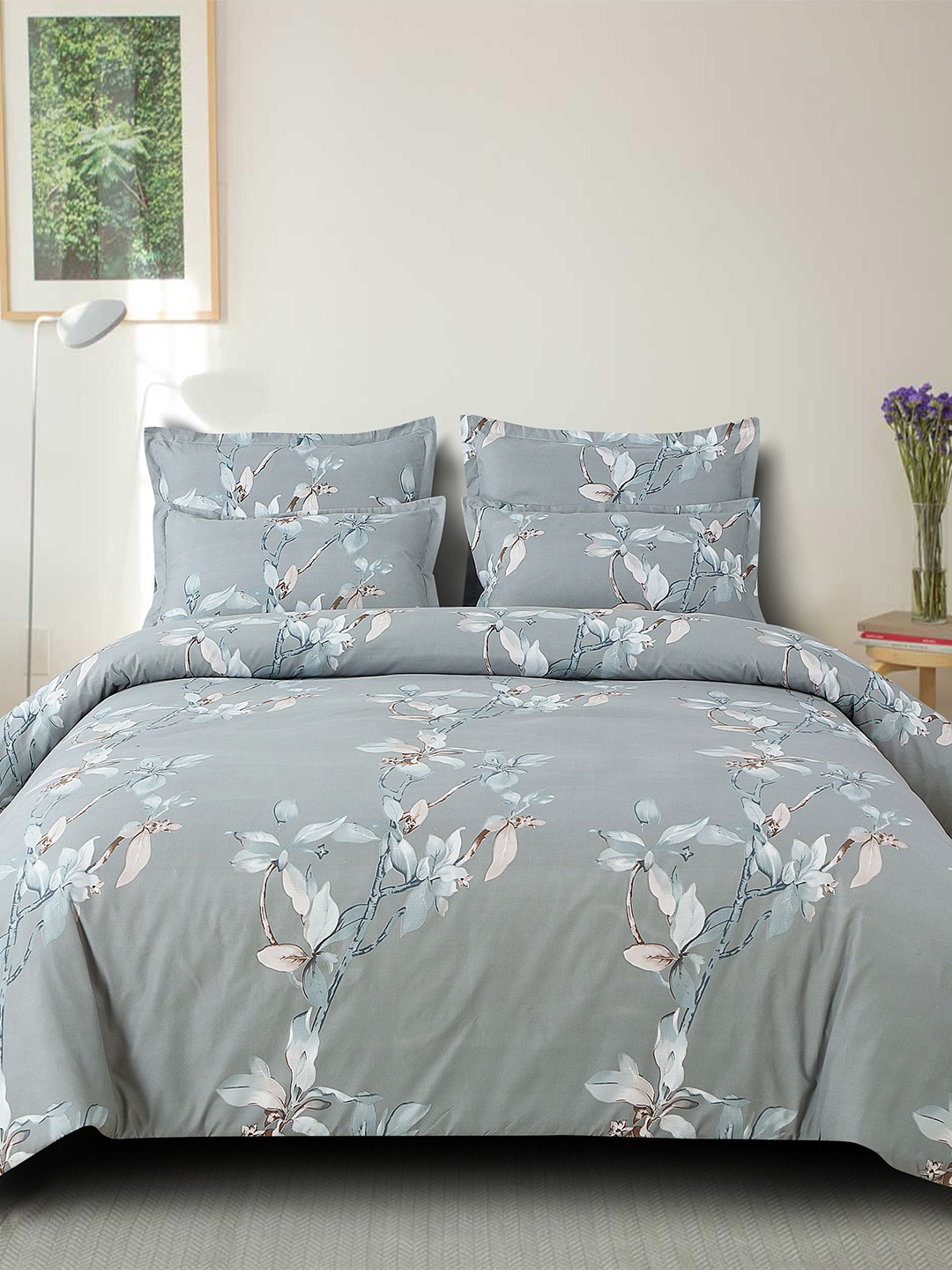 

FINE TEX WORLD Mulburry Grey 220 TC Floral 160GSM Queen Bedsheet with 2 Pillow Covers