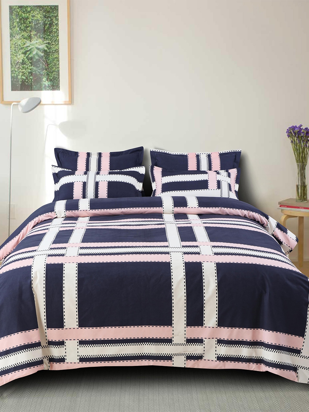 

FINE TEX WORLD 220 TC Geometric 160GSM Queen Bedsheet with 2 Pillow Covers, Navy blue