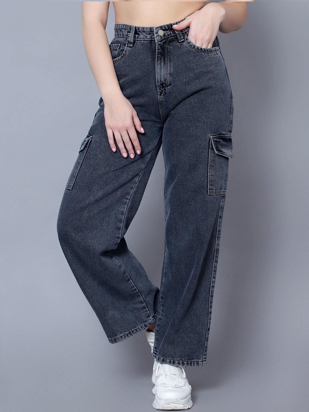

DIAZ Women Comfort Baggy Fit Mid Rise Straight Fit Cotton Cargo Jeans, Black