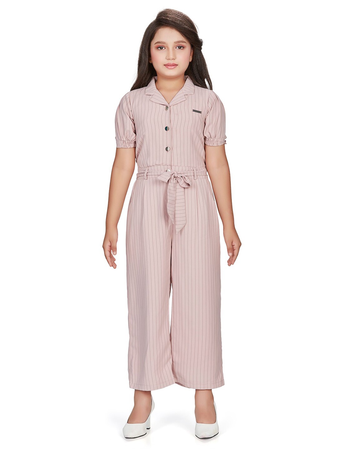 

Peppermint Girls Vertical Striped Basic Jumpsuit, Peach