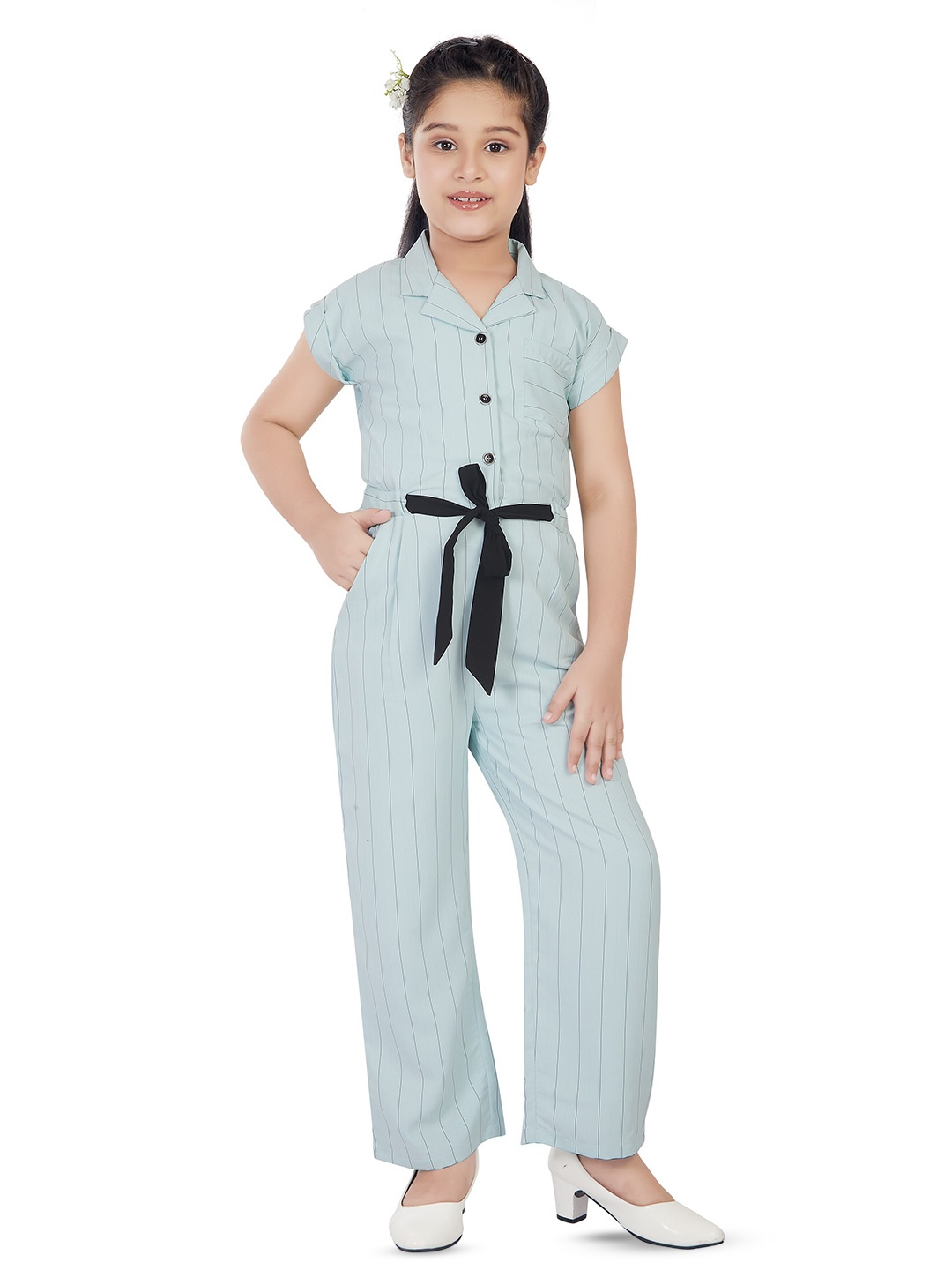 

Peppermint Girls Striped Cuban Collar Waist Tie Up Jumpsuit, Green