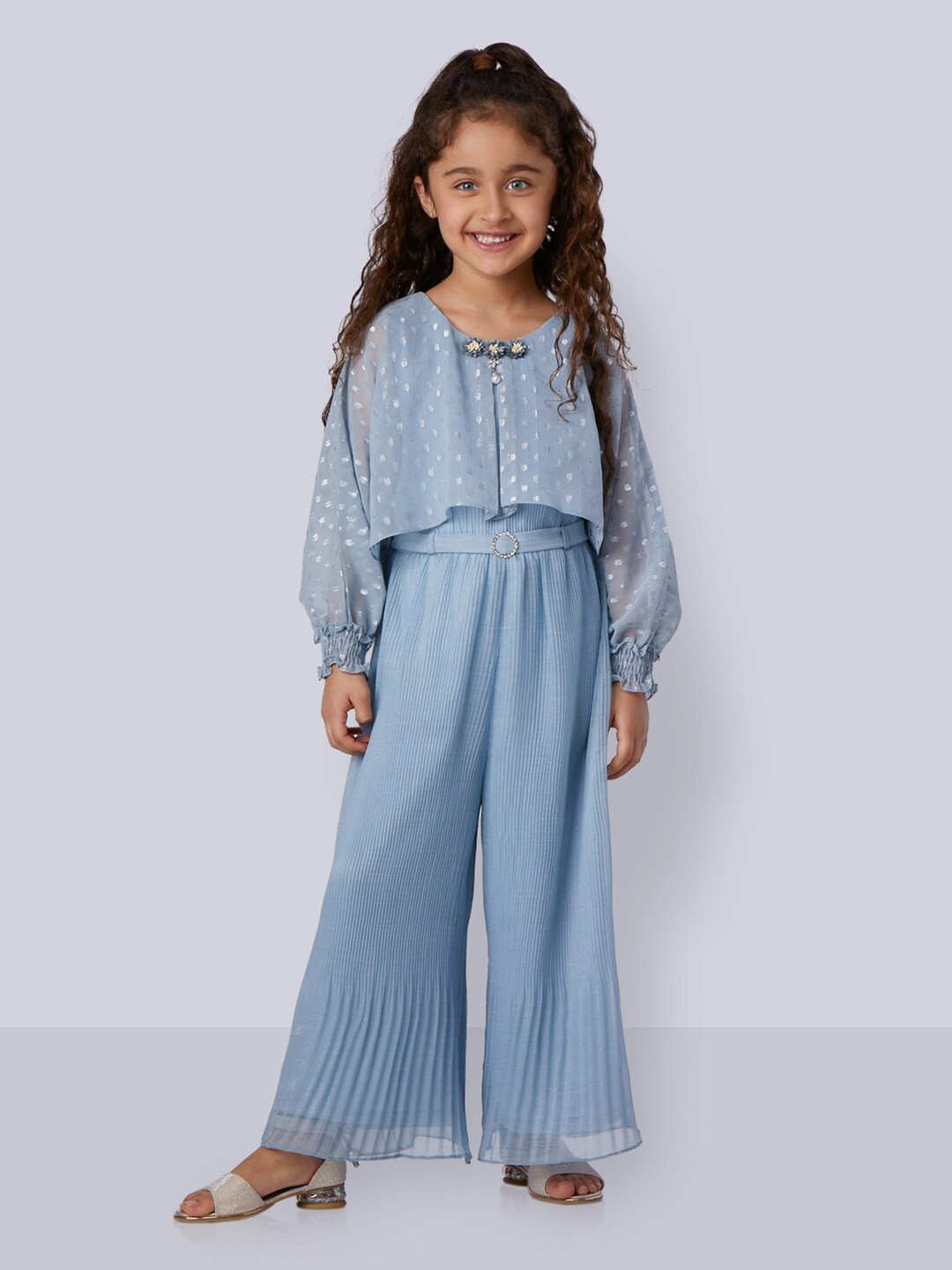 

Peppermint Girls Self Design Cape Sleeve Embellished Jumpsuit, Blue