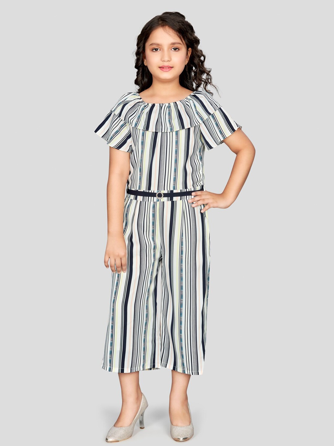 

Peppermint Girls Striped Round Neck Layered Waist Tie Up Jumpsuit, Navy blue