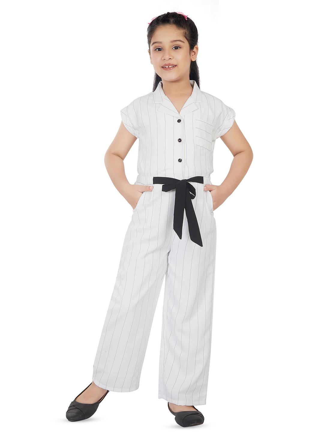 

Peppermint Girls Striped Cuban Collar Waist Tie Up Jumpsuit, White
