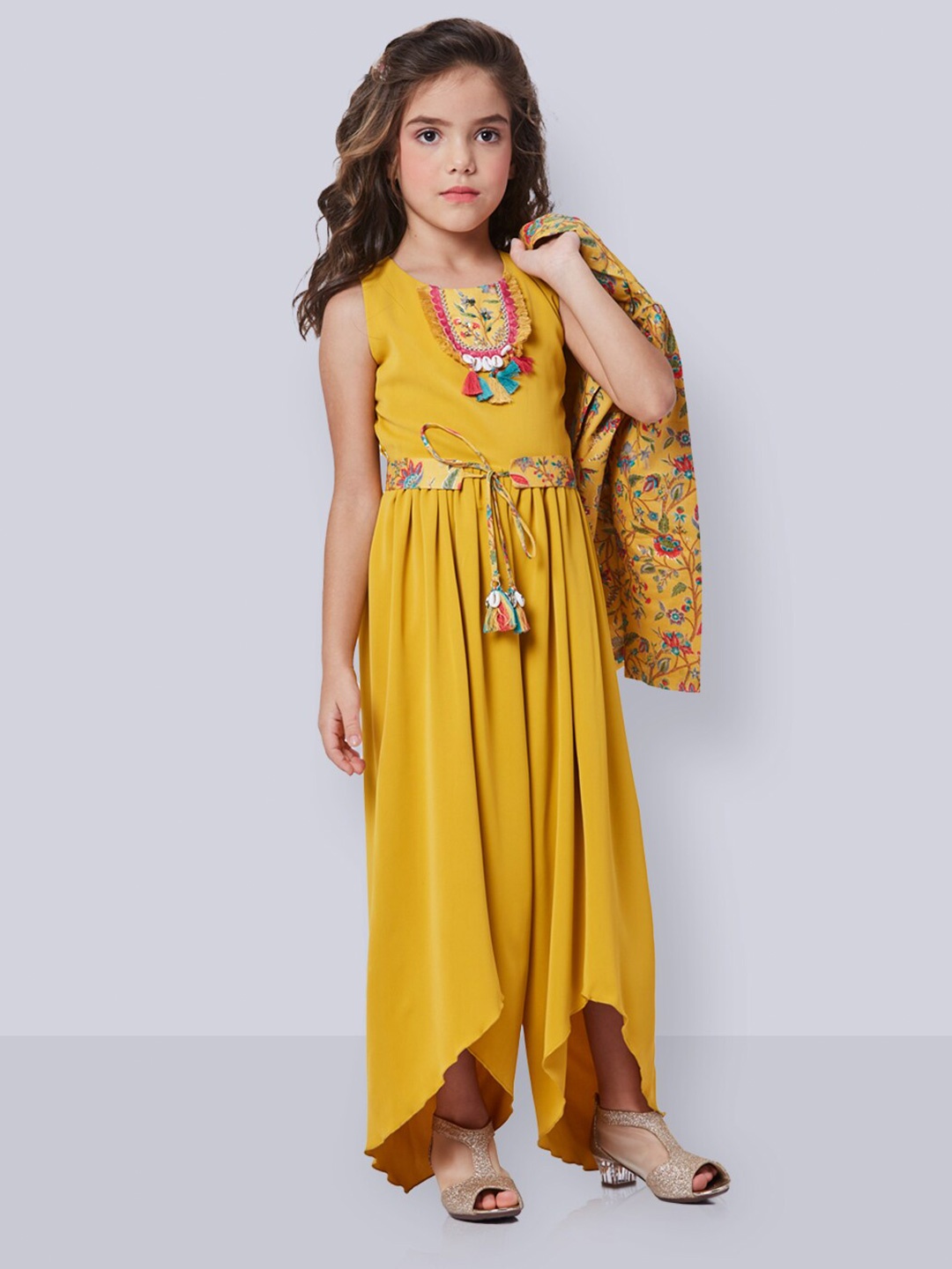 

Peppermint Girls Embellished Waist Tie Up Ethnic Jumpsuit With Coat, Mustard