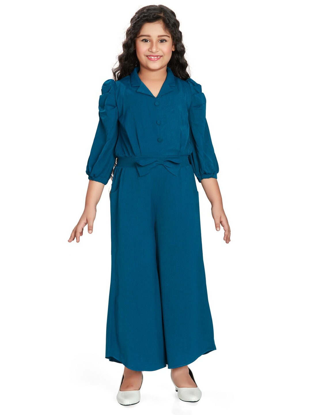 

Peppermint Girls Cuban Collar Puff Sleeves Jumpsuit, Teal
