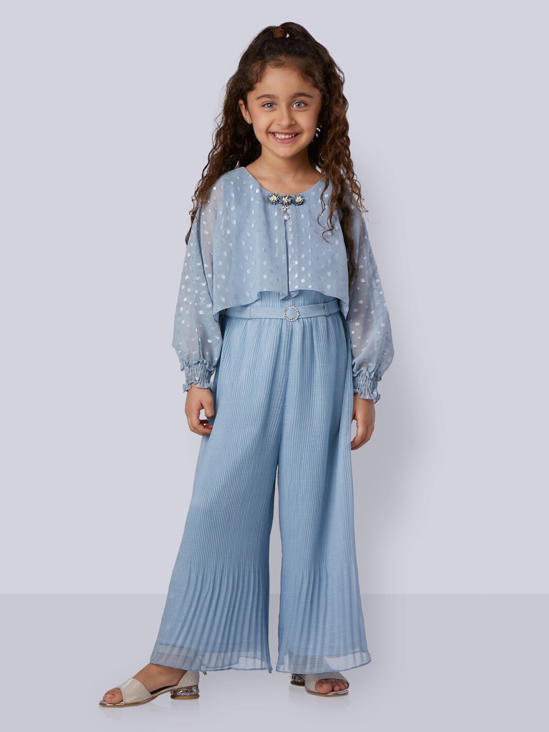 

Peppermint Girls Self Designed Puff Sleeves Jumpsuit, Blue