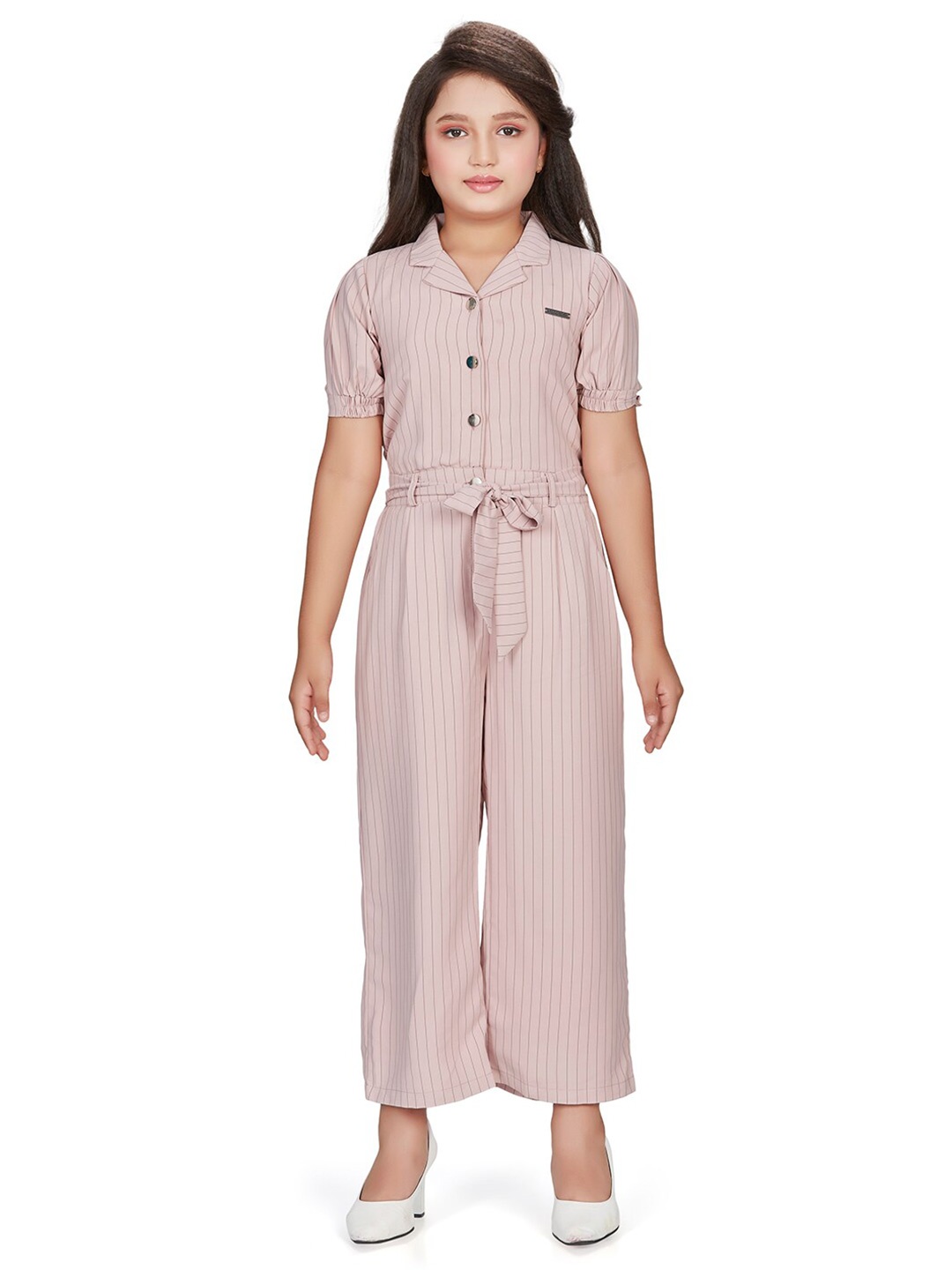 

Peppermint Girls Striped Cuban Collar Jumpsuit, Peach
