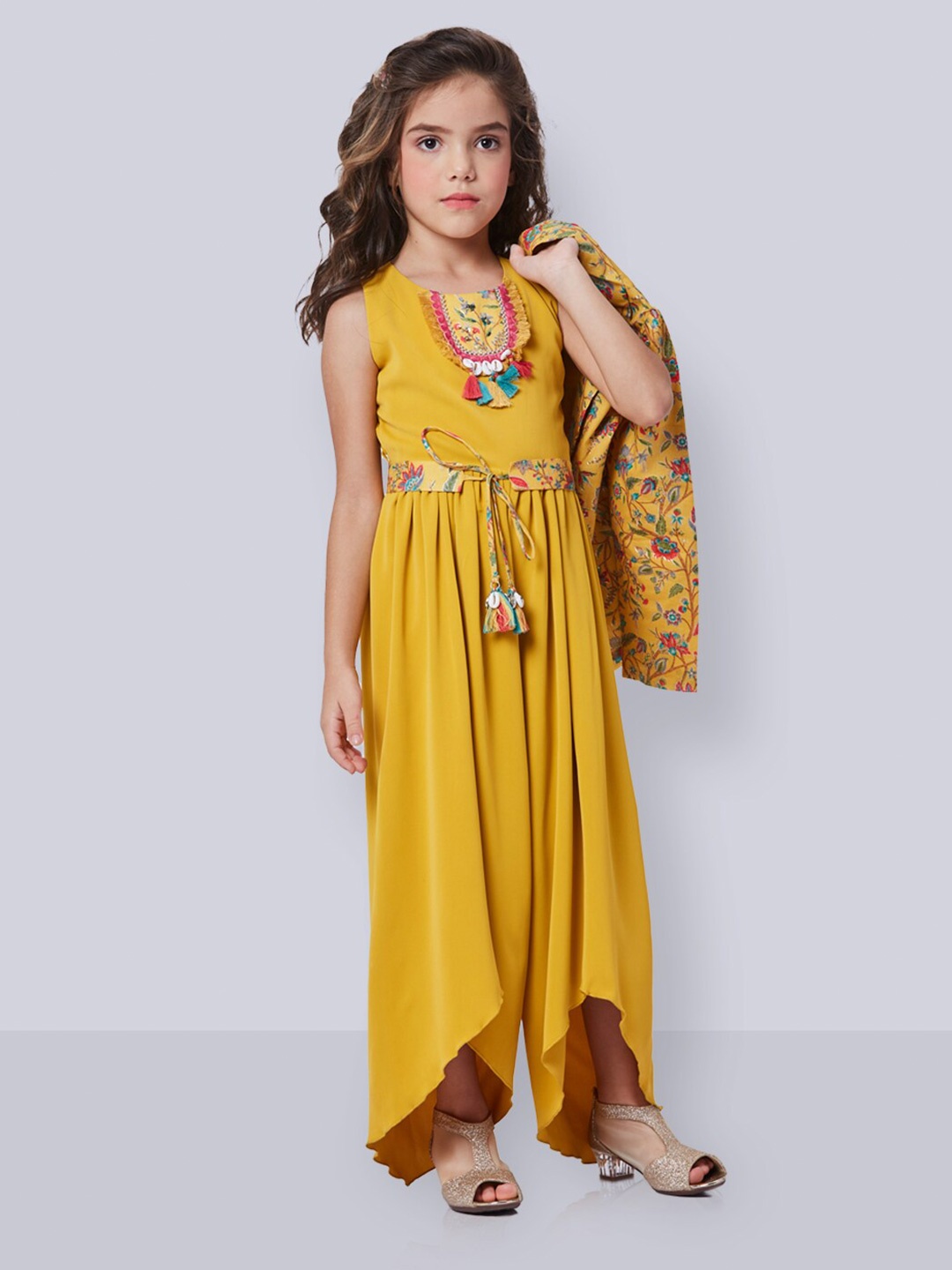 

Peppermint Girls Ethnic Motifs Embroidered Jumpsuit With Jacket, Mustard