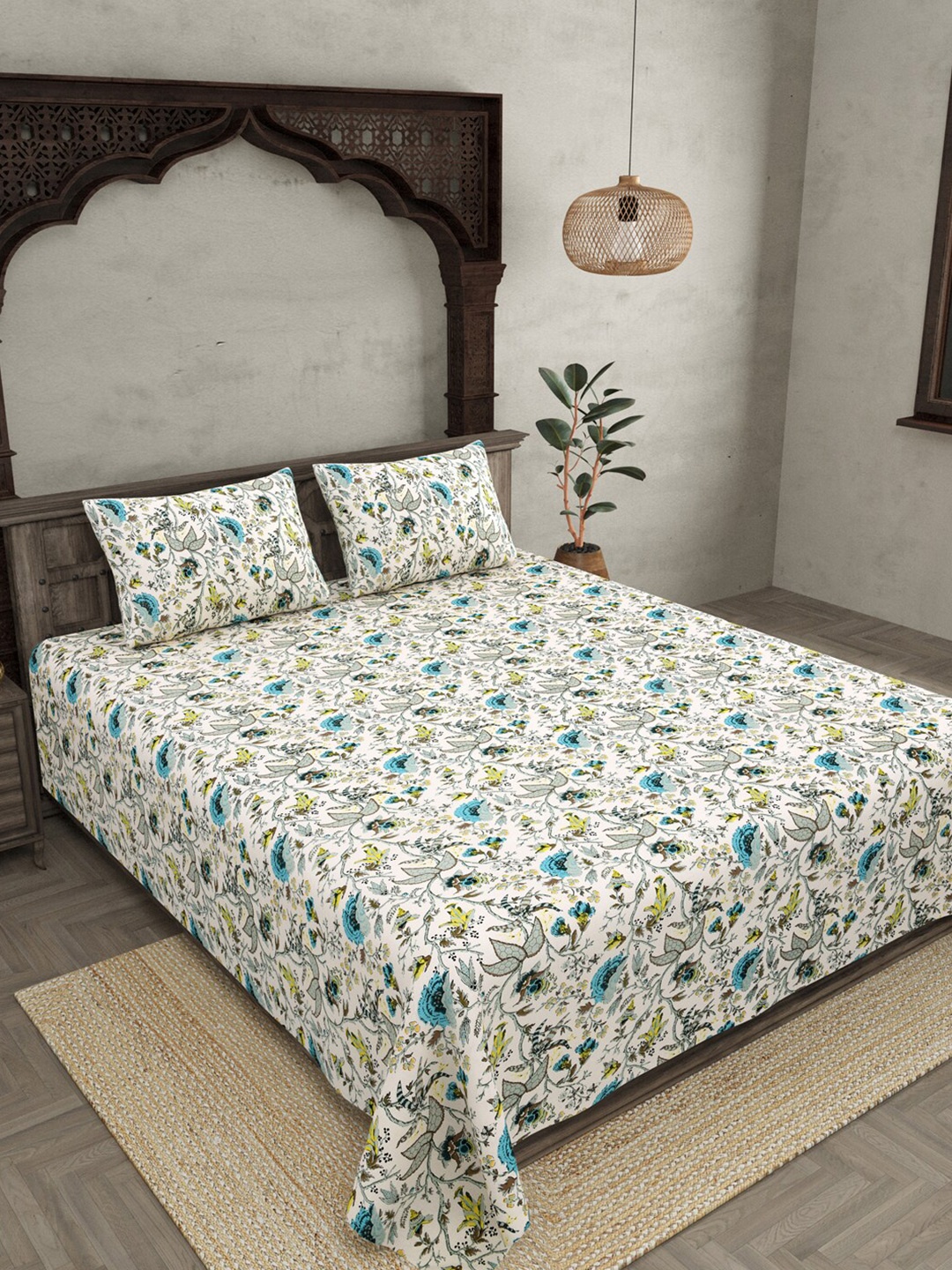 

JAIPUR FABRIC White & Blue Ethnic Motifs Cotton 300 TC King Bedsheet with 2 Pillow Covers