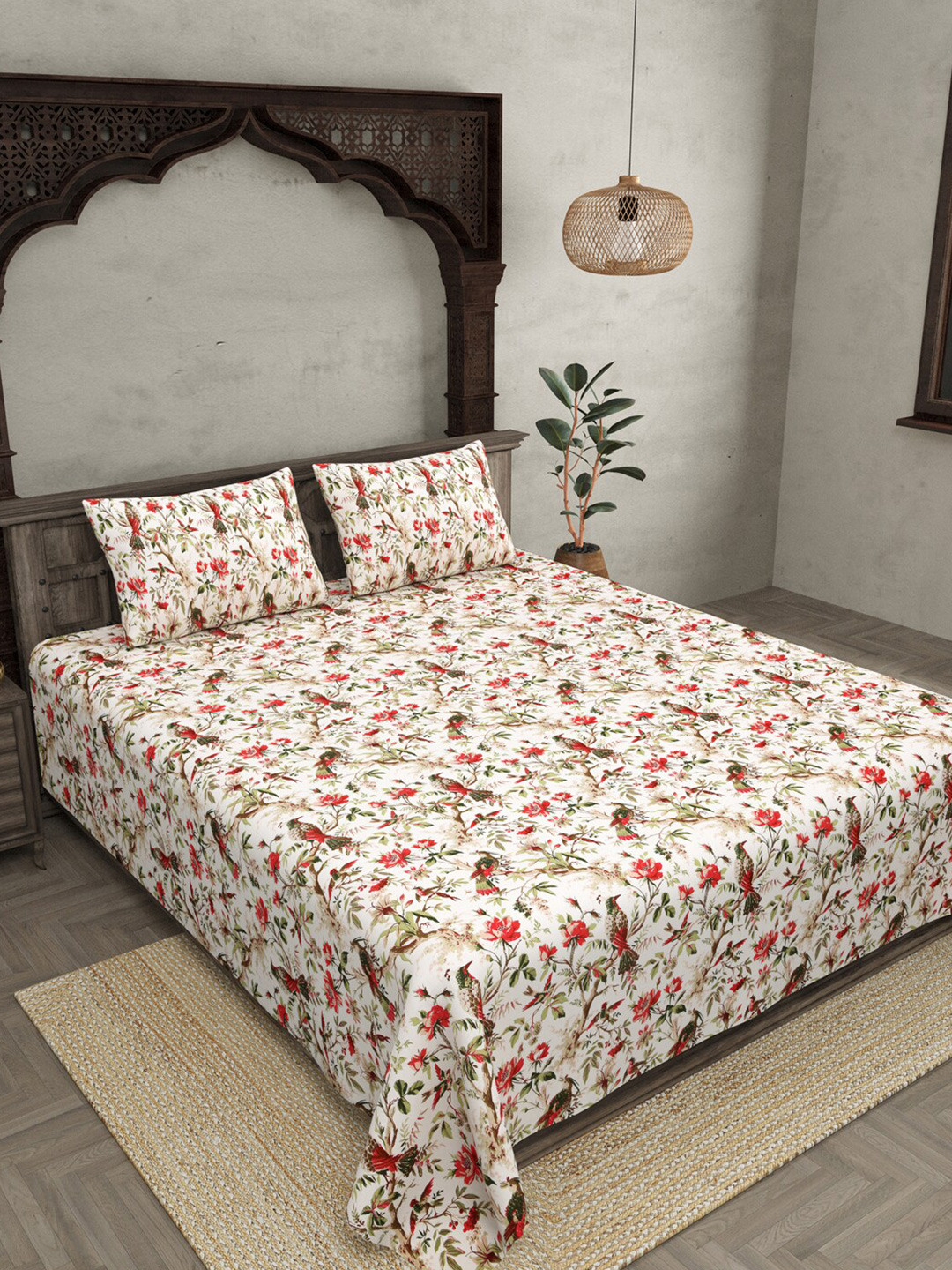 

JAIPUR FABRIC White & Red Ethnic Motifs Cotton 300 TC King Bedsheet with 2 Pillow Covers