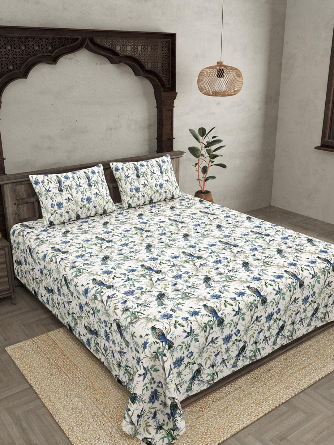 

JAIPUR FABRIC Blue & White Floral Printed Cotton 300 TC King Bedsheet With 2 Pillow Covers
