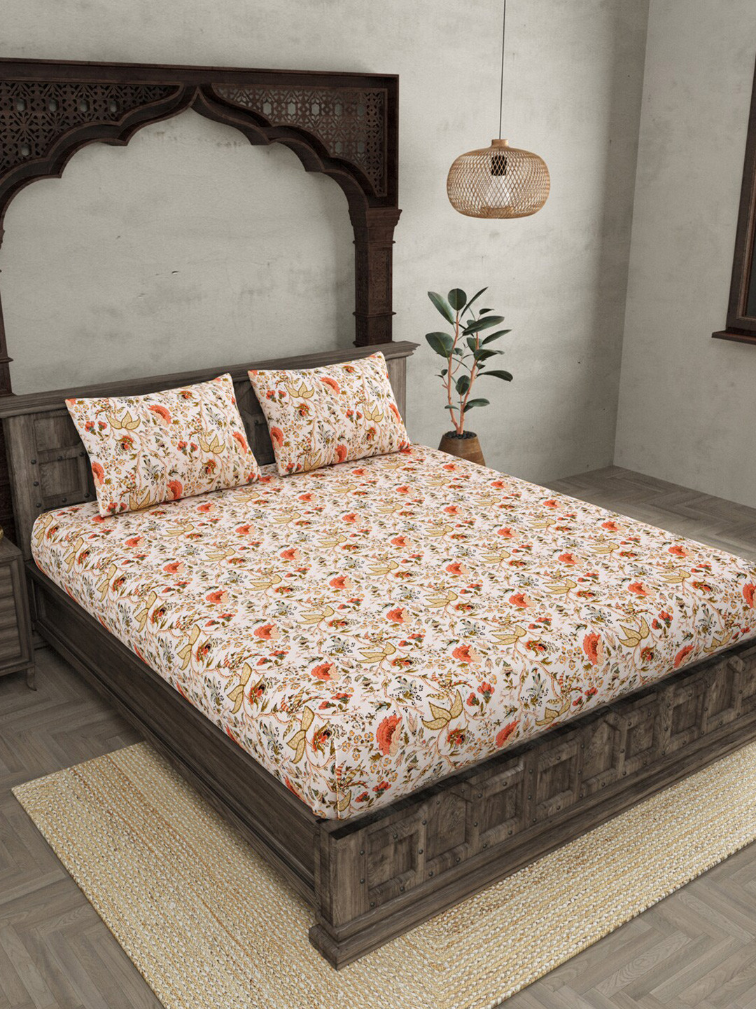 

JAIPUR FABRIC Peach-Coloured Cotton 300 TC King Bedsheet with 2 Pillow Covers