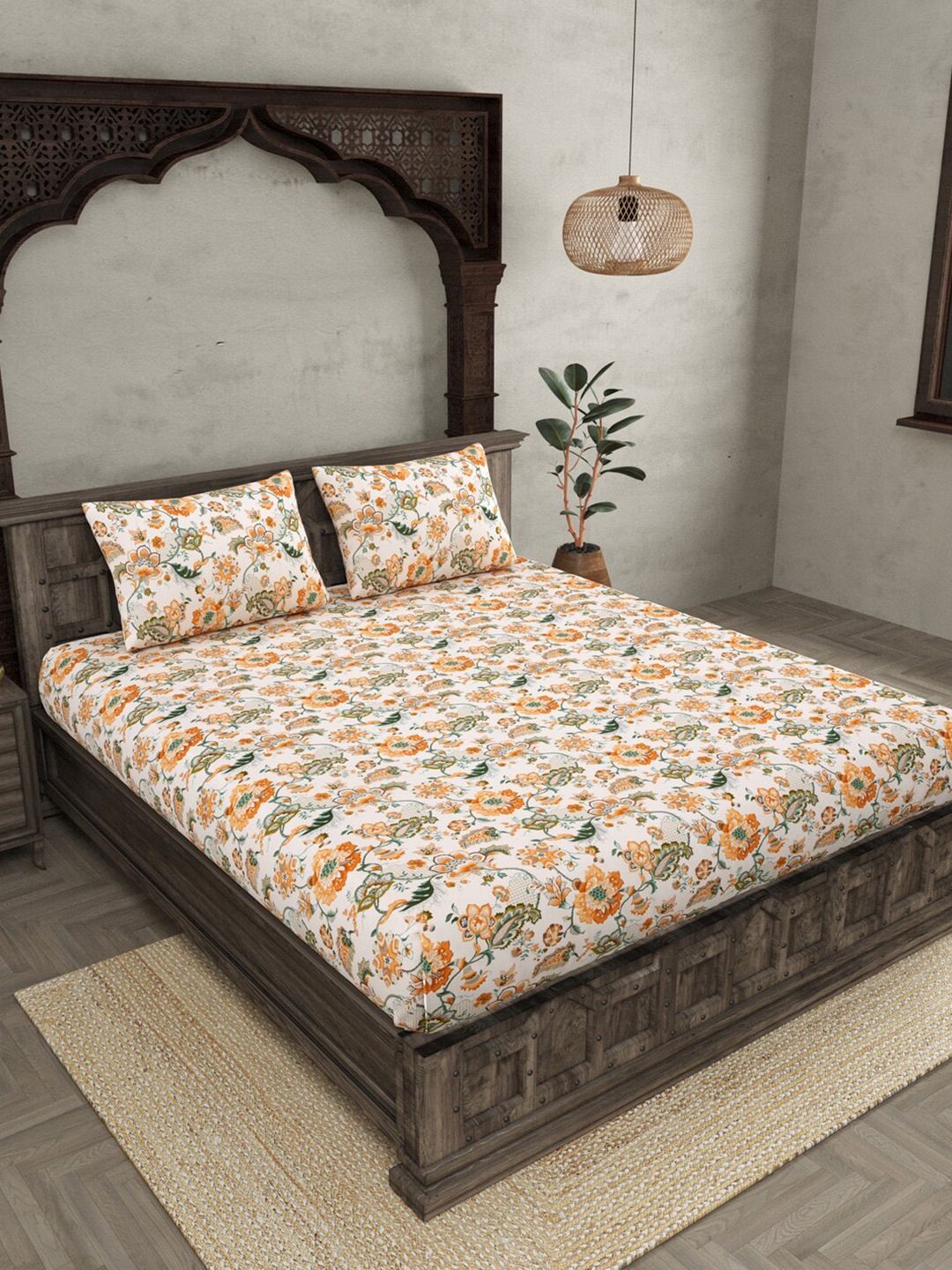 

JAIPUR FABRIC Royal Orchid Peach & White Cotton 300 TC King Bedsheet with 2 Pillow Covers