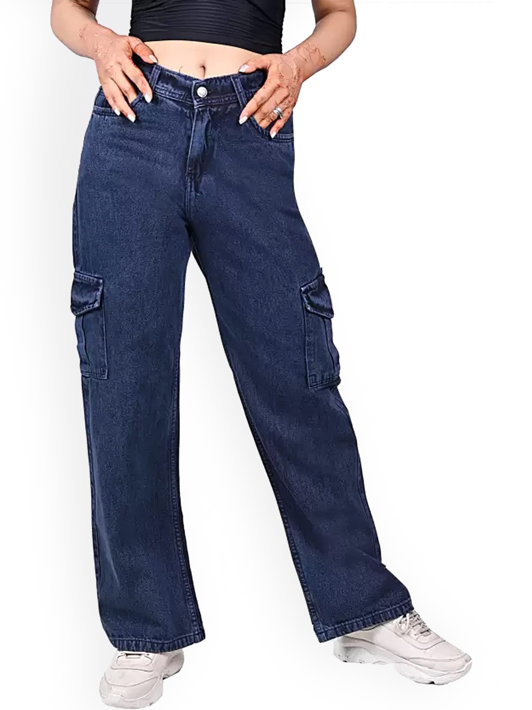 

KEX Women Wide Leg Clean High- Rise Look Cotton Cargo Denim, Blue
