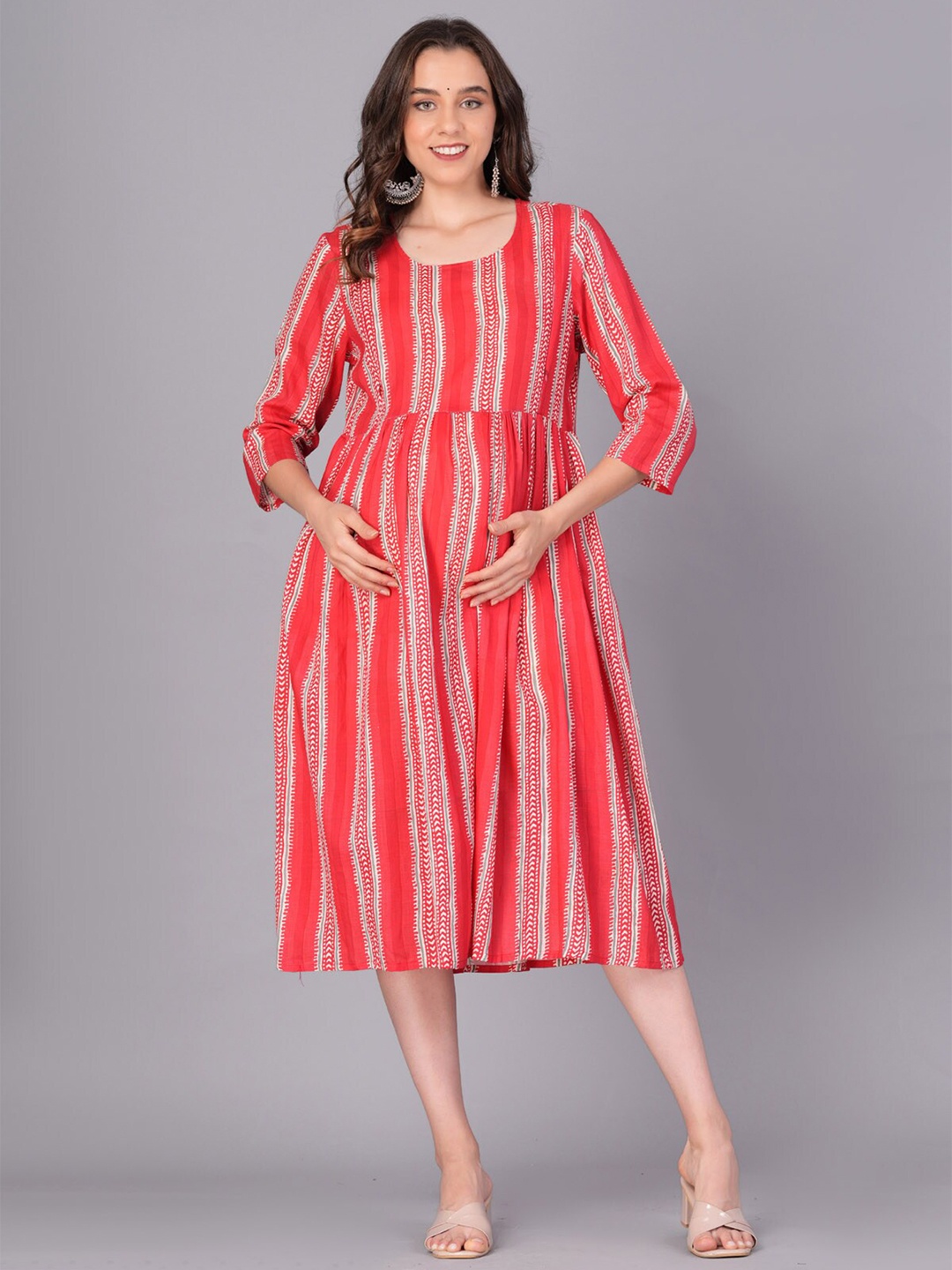 

BAESD Striped Maternity A-Line Cotton Dress, Red