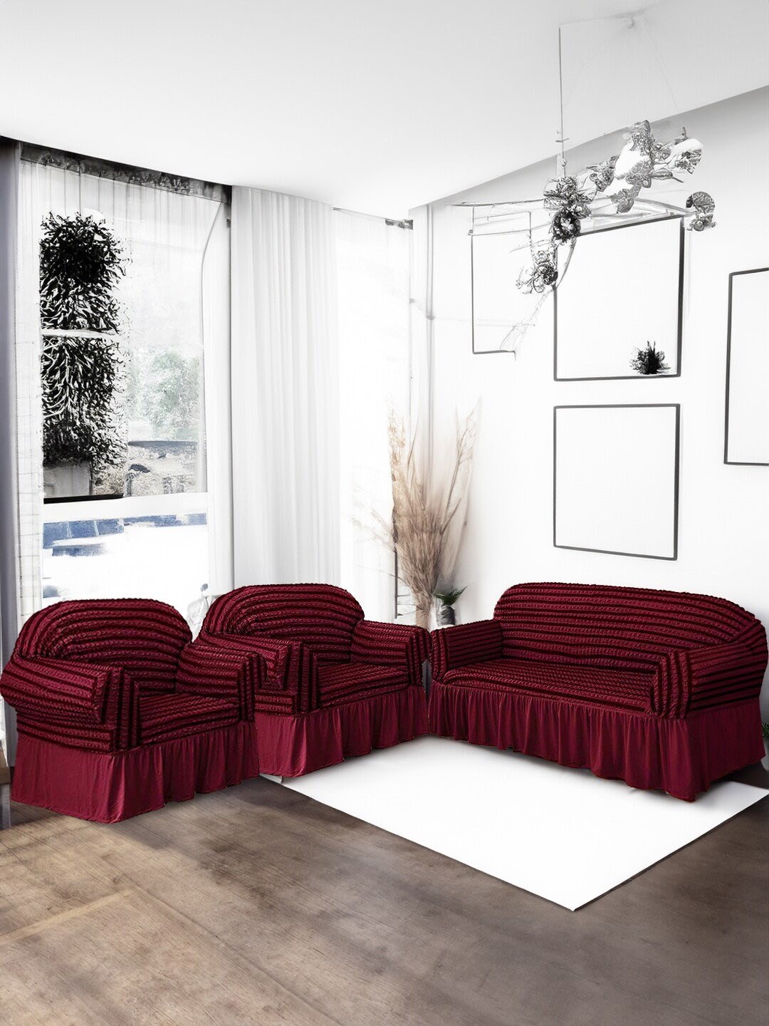 

Cortina Maroon 3 Pieces Slipcover Easy Fitted Sofa Couch Cover Set With Skirt