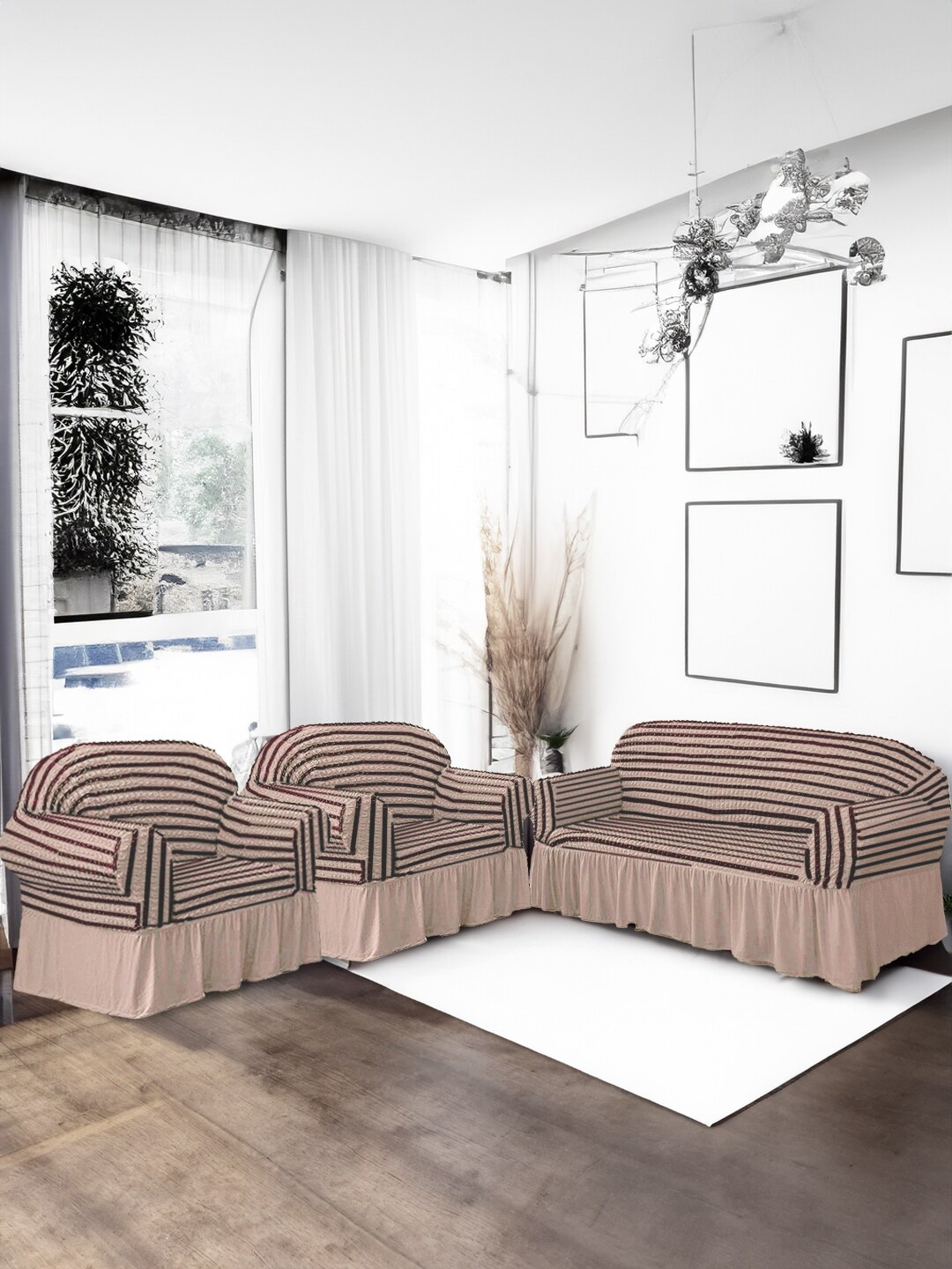 

Cortina Beige & Grey 3 Pieces Slipcover Easy Fitted Sofa Couch Cover Set With Skirt