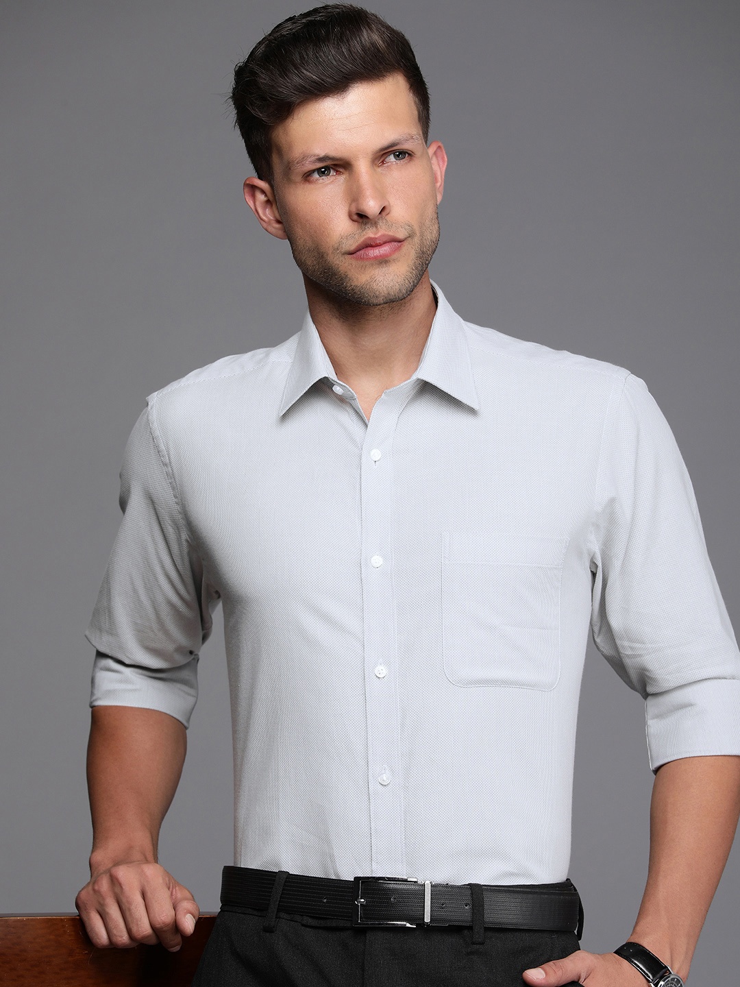

Raymond Pure Cotton Self Design Textured Slim Fit Formal Shirt, Grey