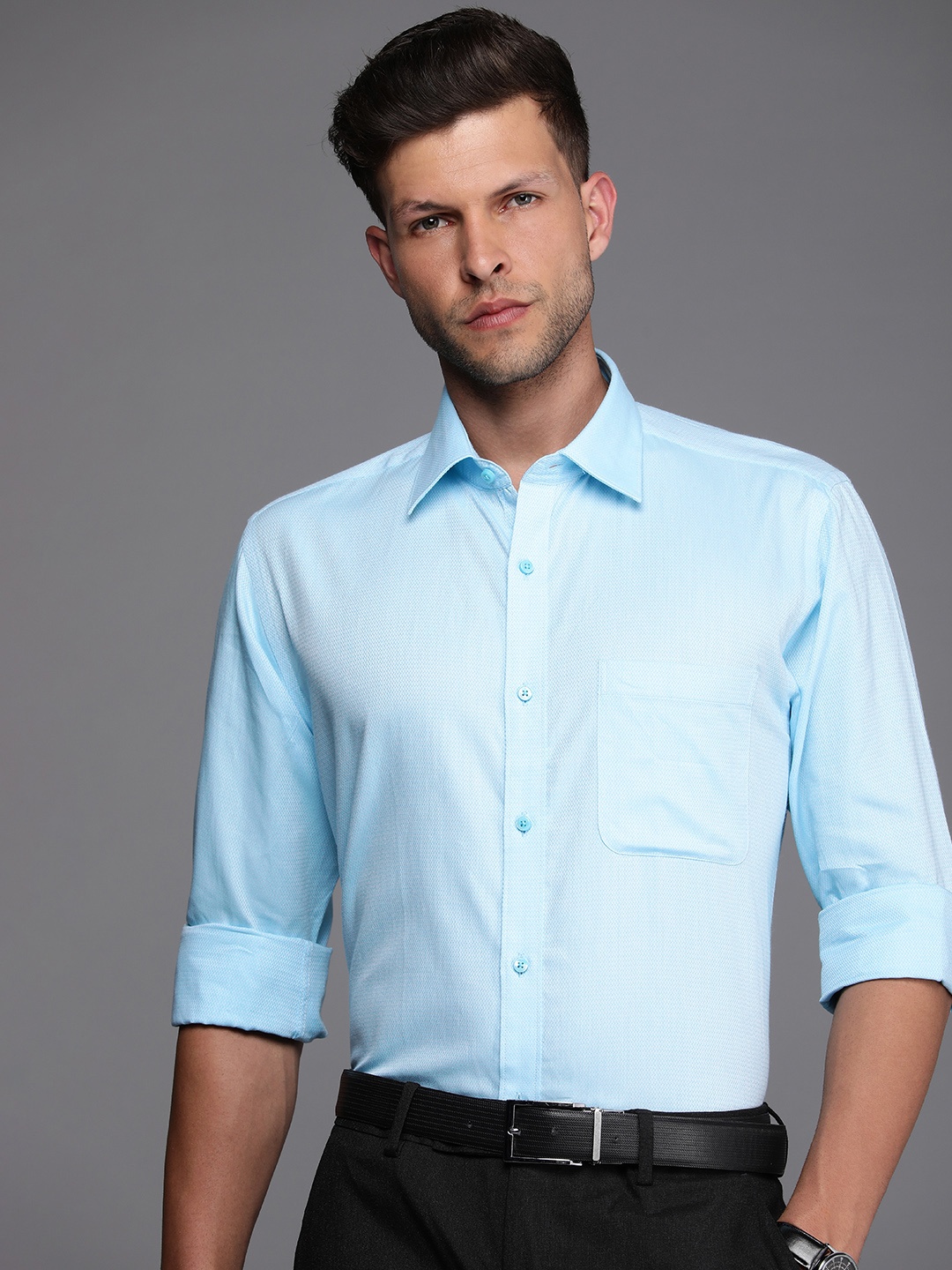 

Raymond Pure Cotton Self Design Textured Slim Fit Formal Shirt, Blue