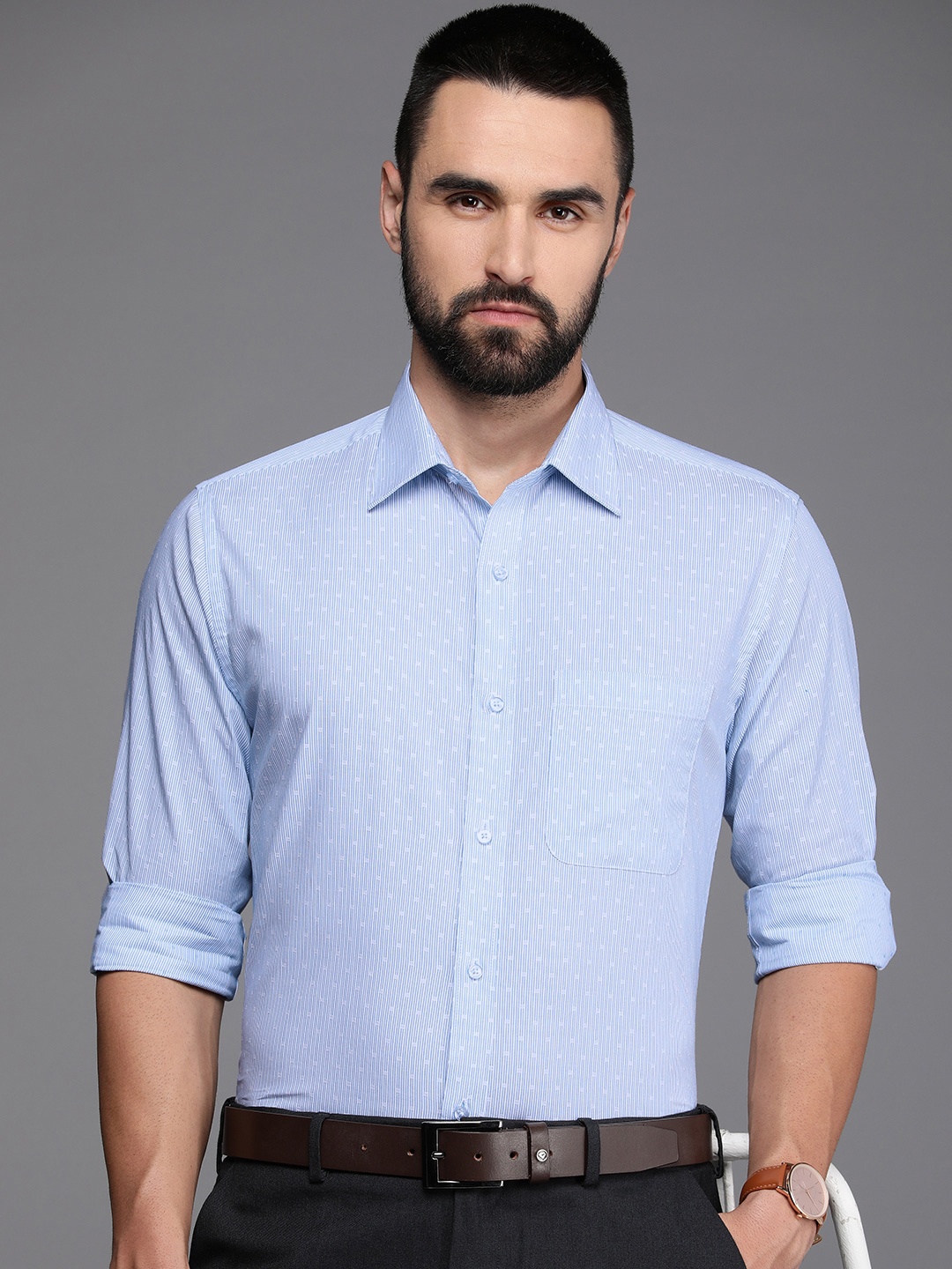 

Raymond Pure Cotton Slim Fit Opaque Striped Formal Shirt, Blue