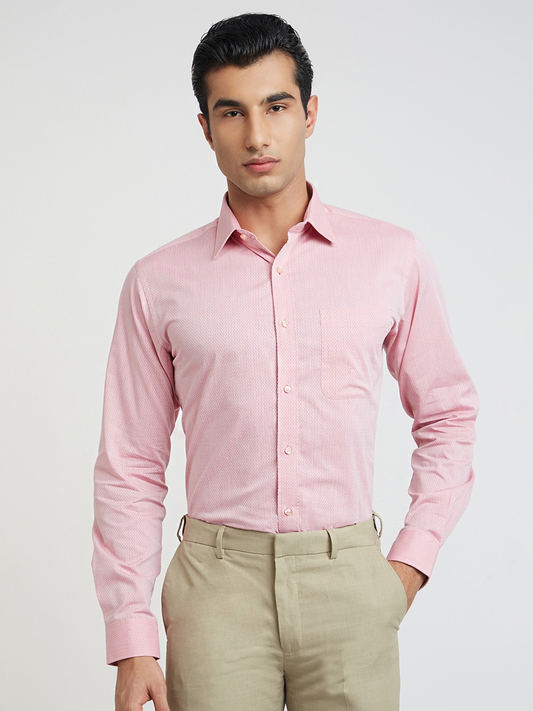 

Raymond Pure Cotton Self Design Slim Fit Opaque Formal Shirt, Pink