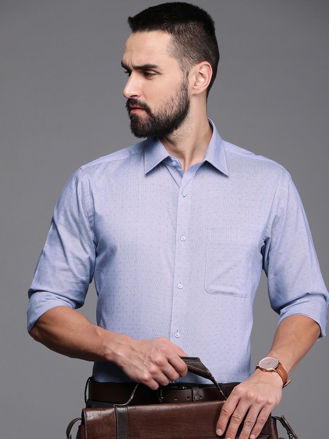 

Raymond Pure Cotton Self Design Slim Fit Opaque Formal Shirt, Blue