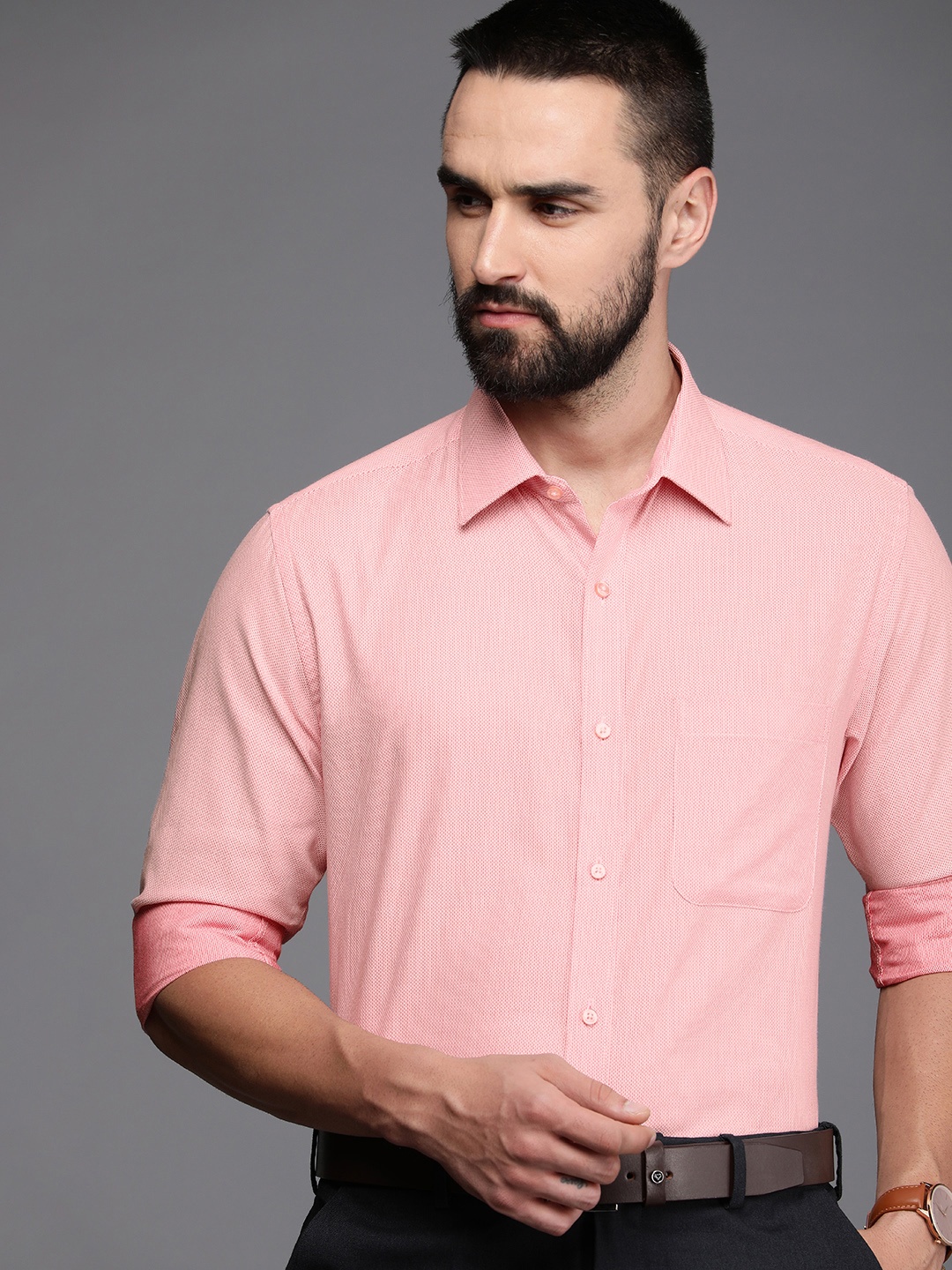 

Raymond Pure Cotton Self Design Slim Fit Opaque Formal Shirt, Pink