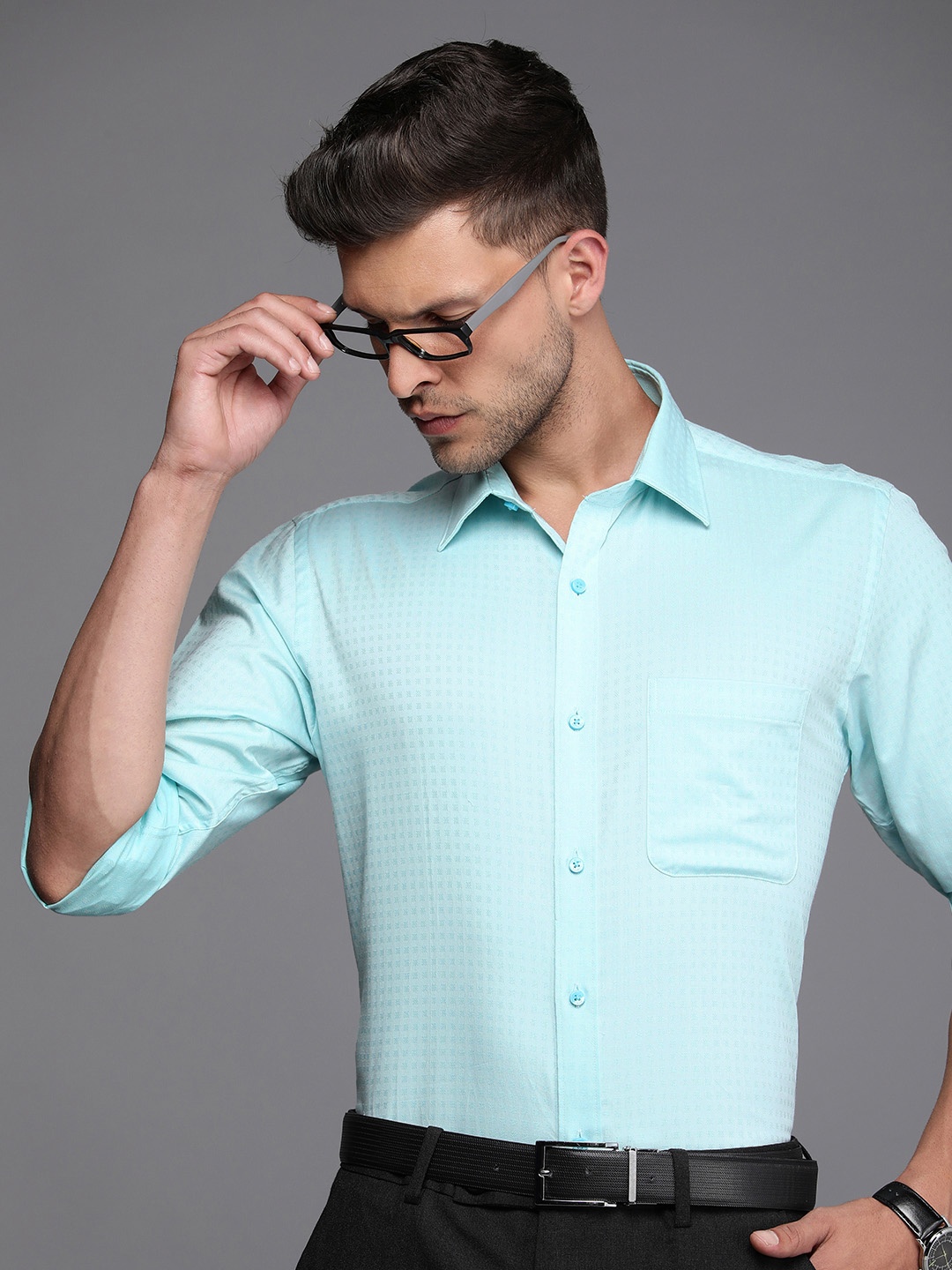 

Raymond Pure Cotton Self Design Textured Slim Fit Formal Shirt, Turquoise blue