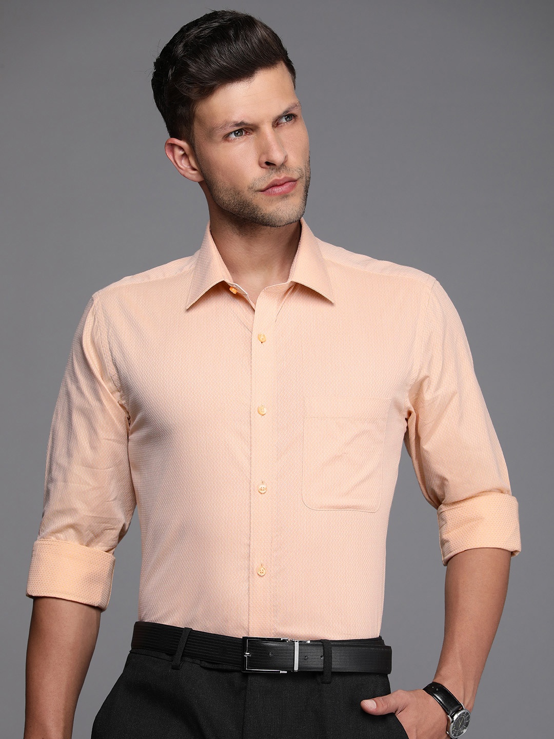 

Raymond Pure Cotton Self Design Slim Fit Opaque Formal Shirt, Peach