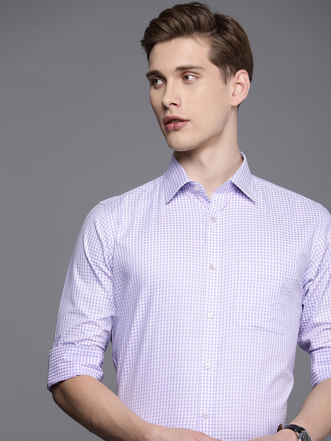 

Raymond Slim Fit Gingham Checks Opaque Pure Cotton Formal Shirt, Violet
