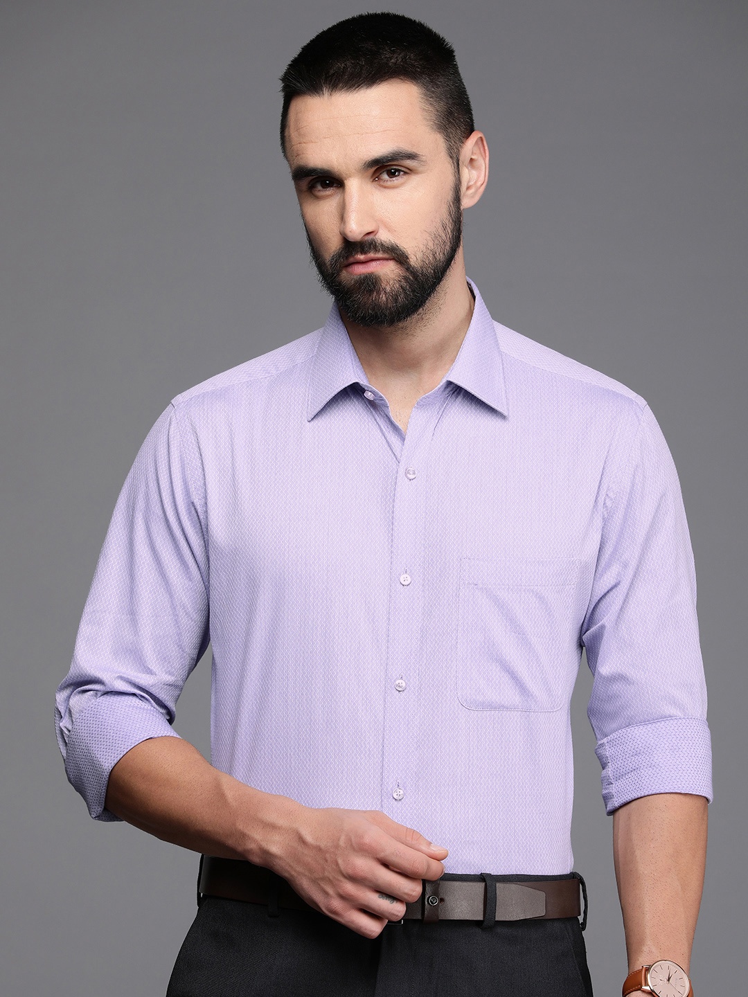 

Raymond Pure Cotton Self Design Slim Fit Opaque Formal Shirt, Violet