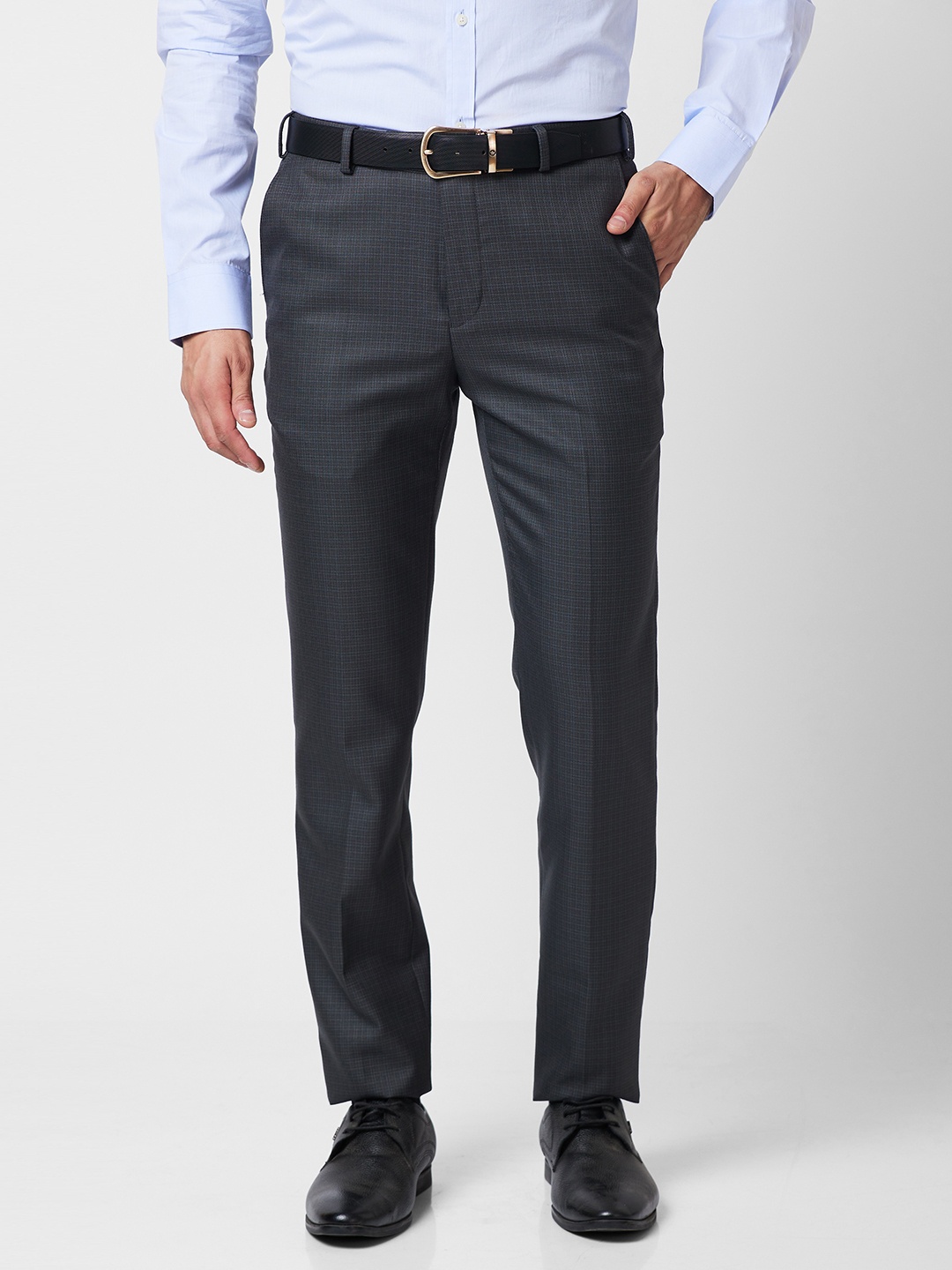 

Raymond Men Checked Slim Fit Trousers, Charcoal