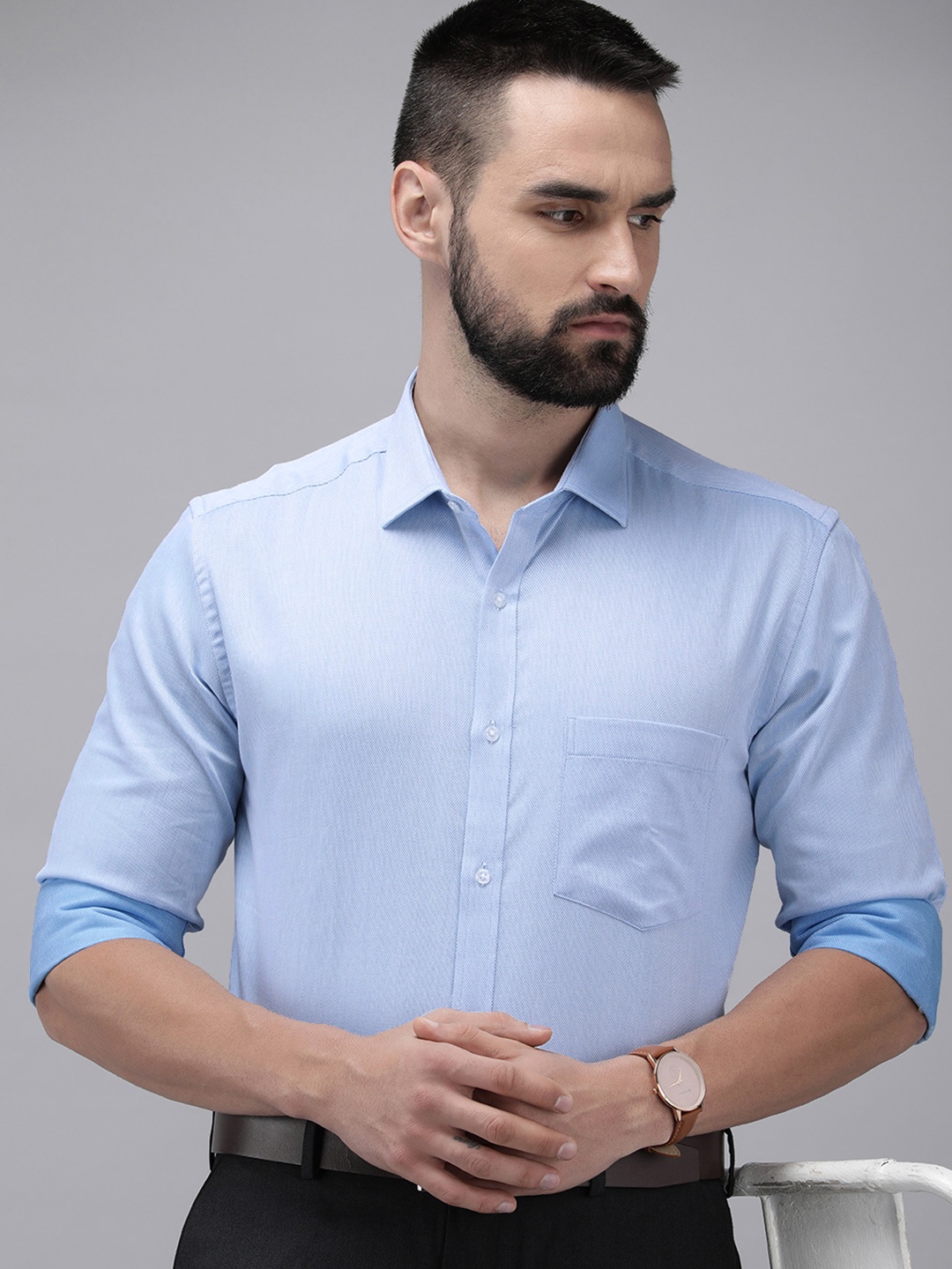 

Park Avenue Pure Cotton Self Design Slim Fit Opaque Formal Shirt, Blue