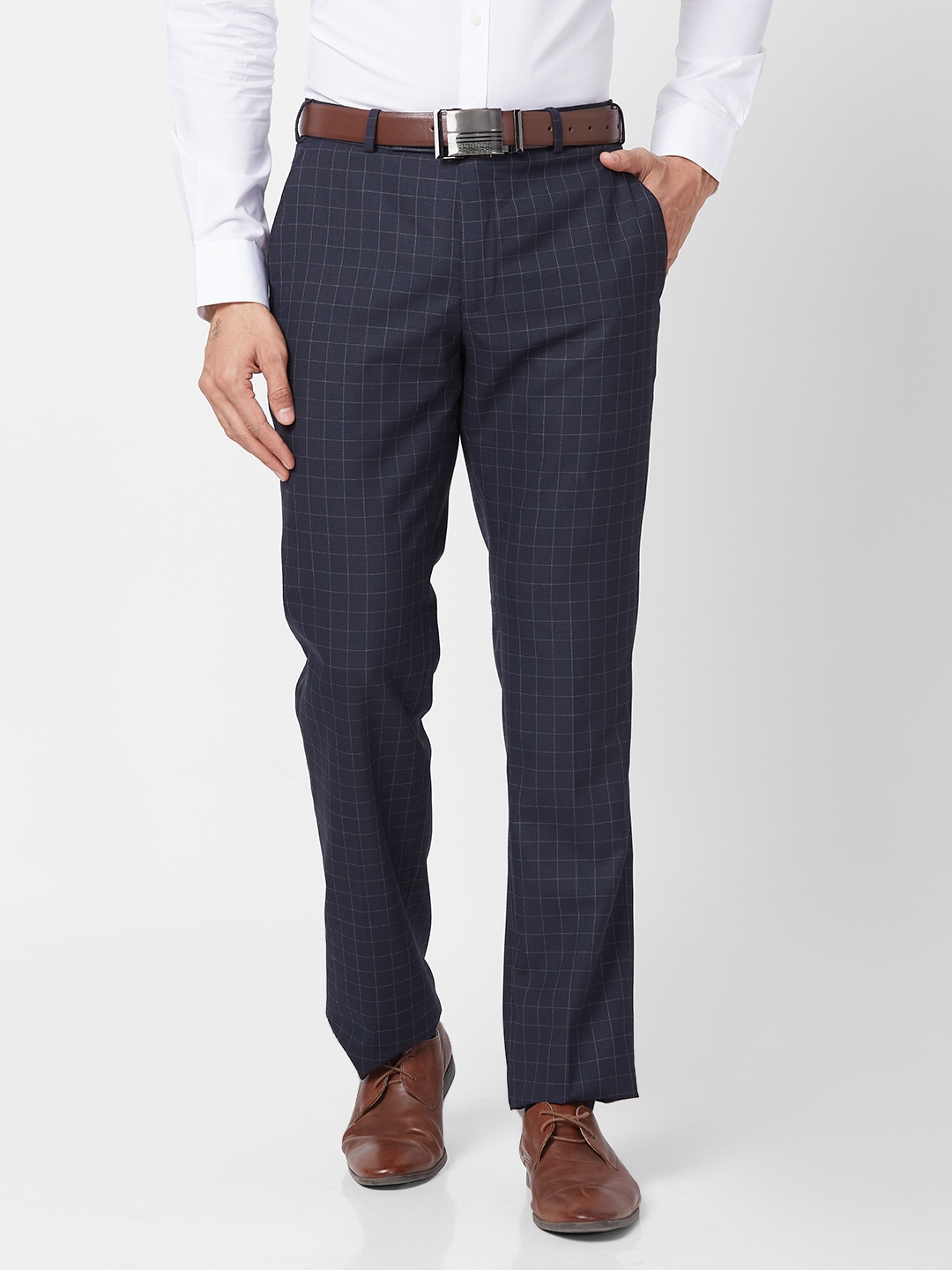 

Park Avenue Men Mid Rise Checked Smart Slim Fit Formal Trousers, Navy blue