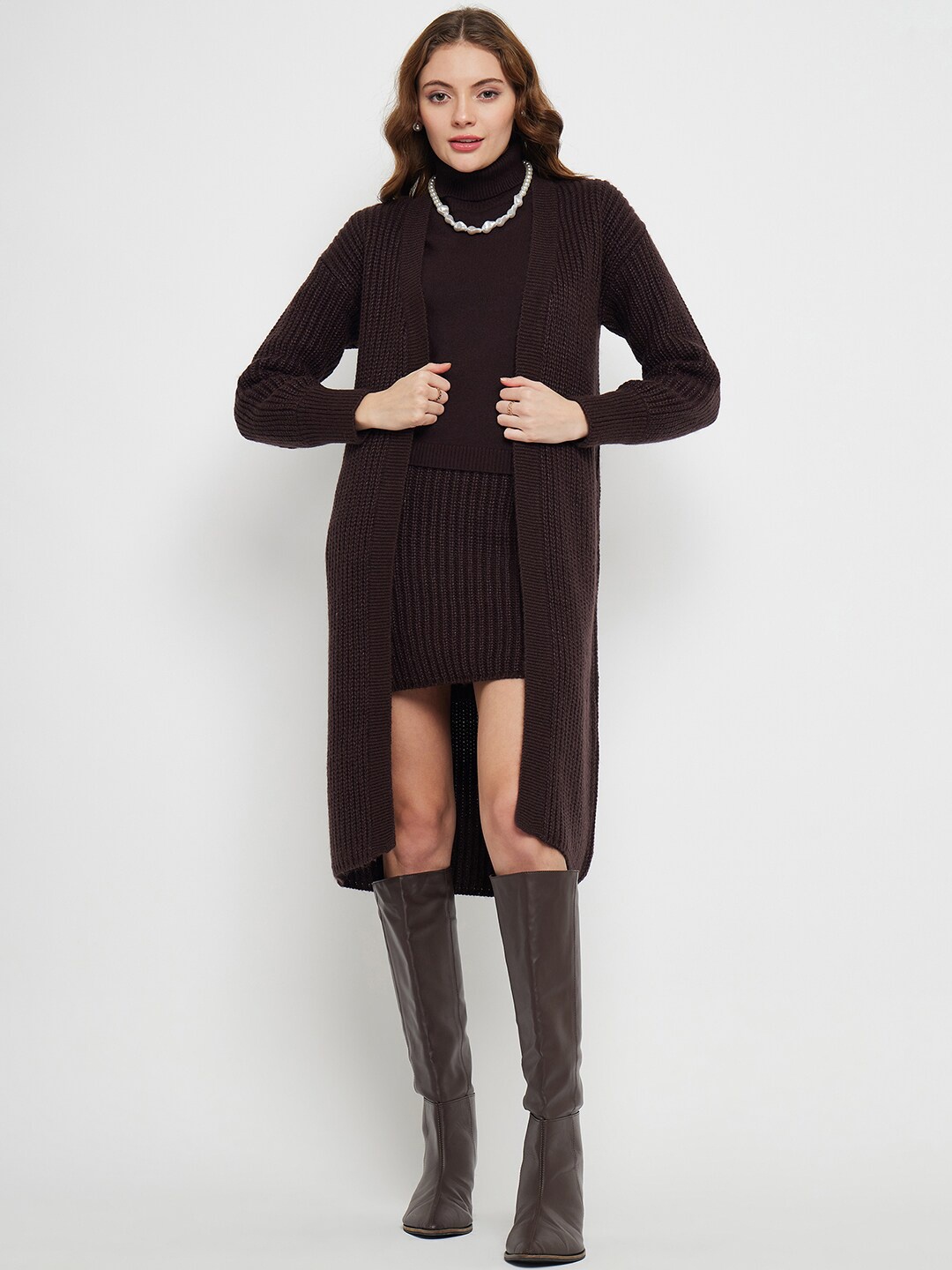 

Madame Turtle Neck Acrylic Sweater With Knitted Pencil Skirt & Longline Shrug, Coffee brown