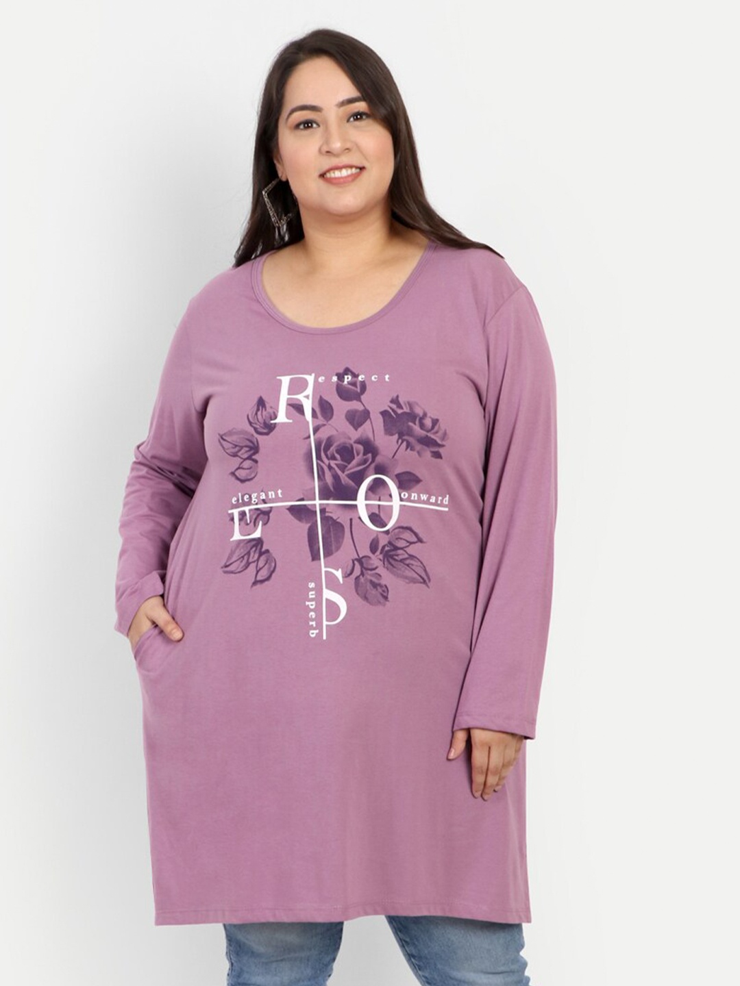 

CUPID Plus Size Floral Printed Cotton Longline Top, Lavender