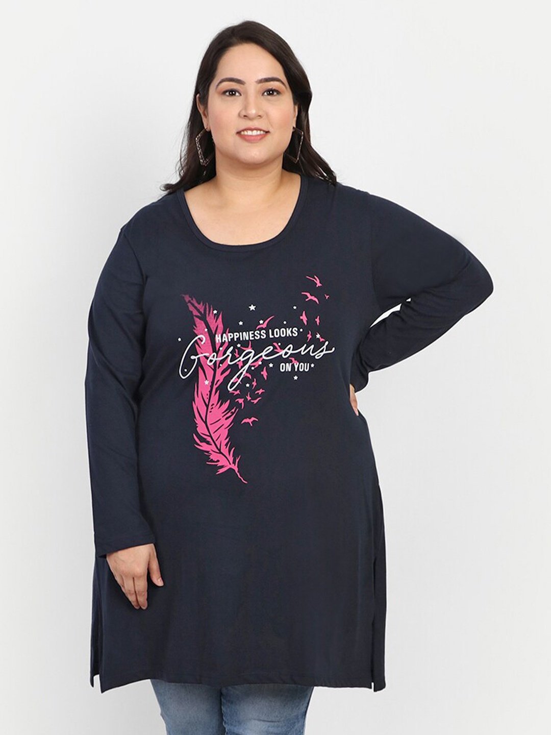 

CUPID Plus Size Floral Printed Cotton Longline Top, Navy blue