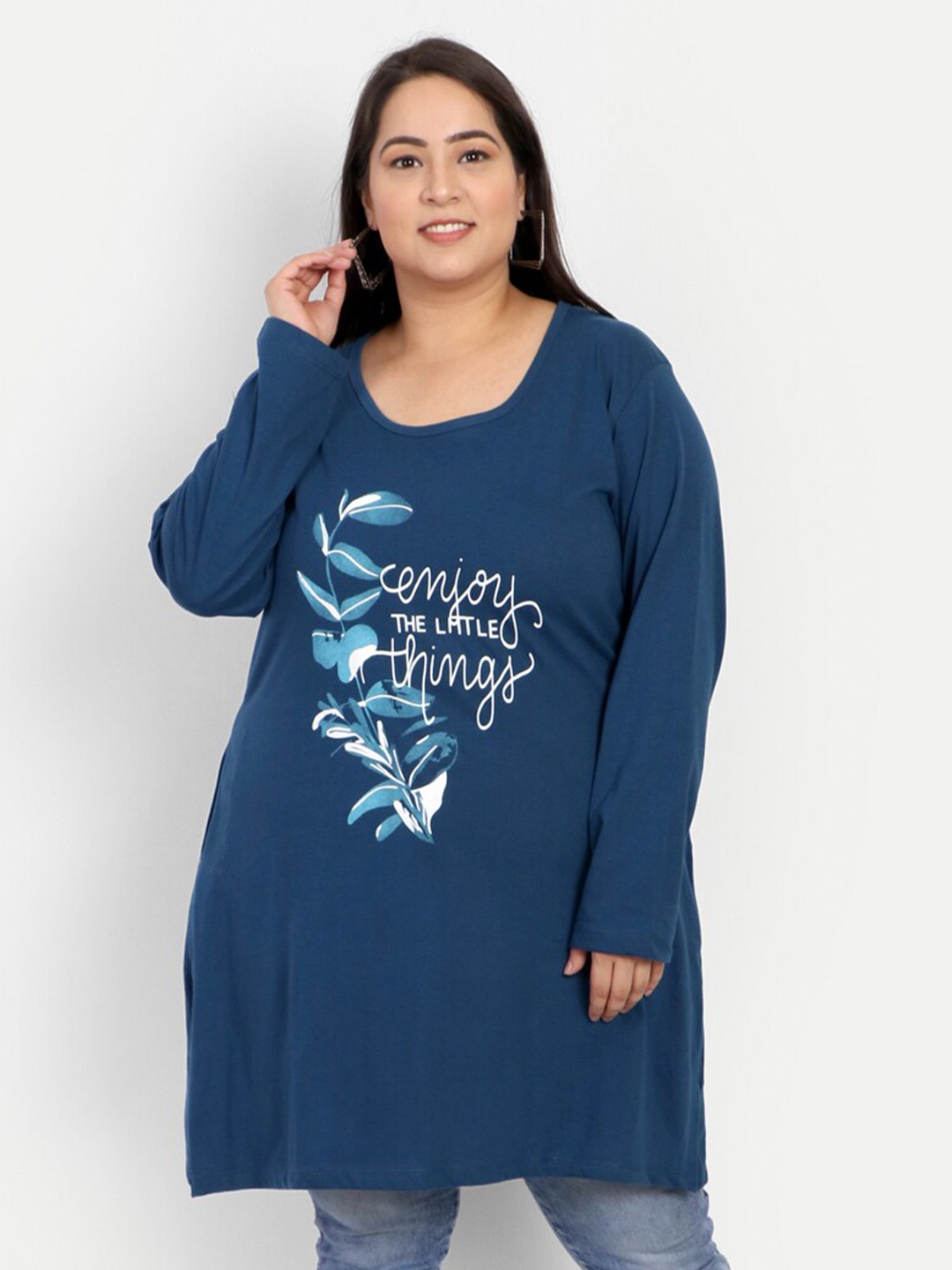 

CUPID Plus Size Floral Printed Cotton Longline Top, Teal